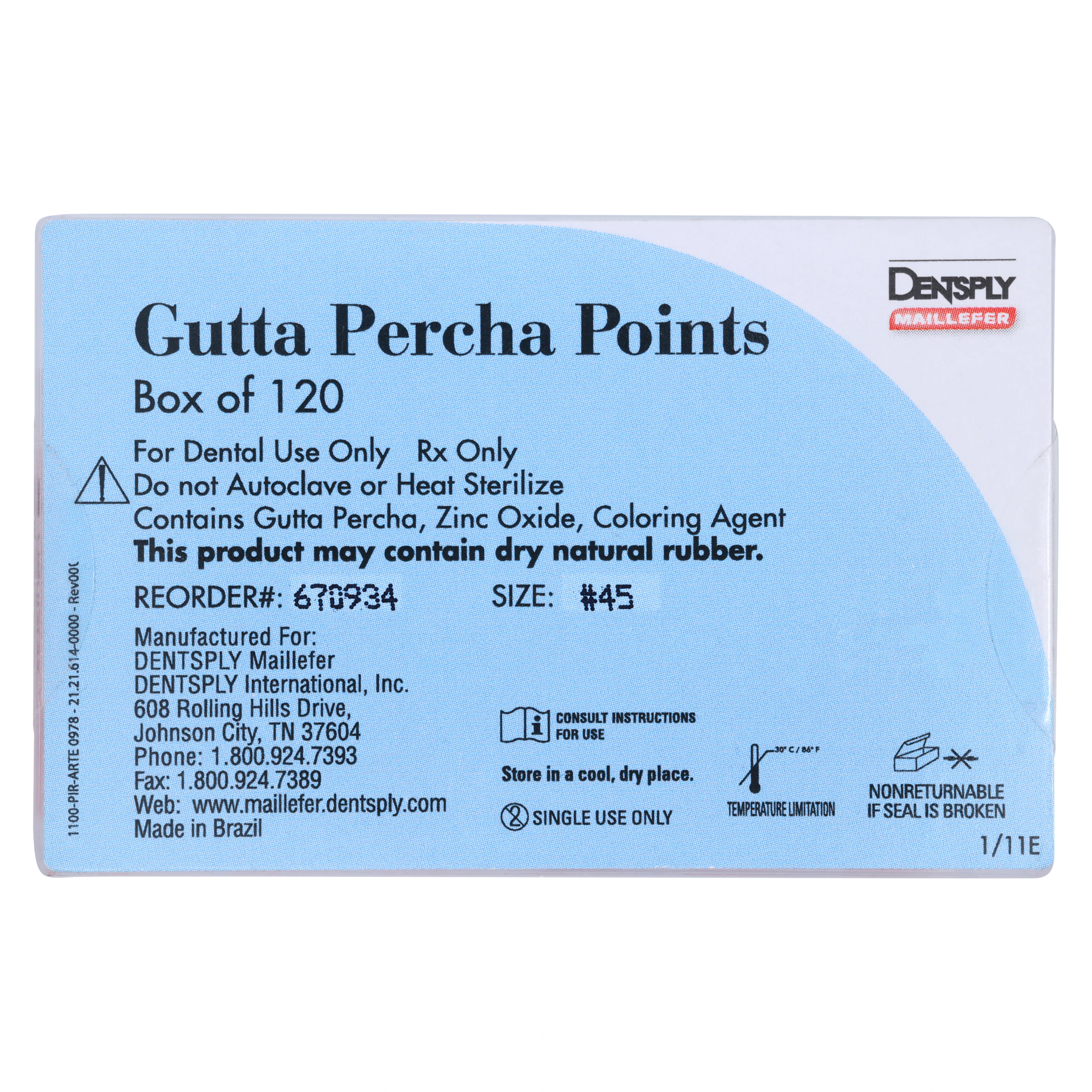 Dentsply Maillefer Gutta Percha Points, ISO #45, White, 0.02 Taper, 30mm, 120/Bx (6 Vials of 20), 670934
