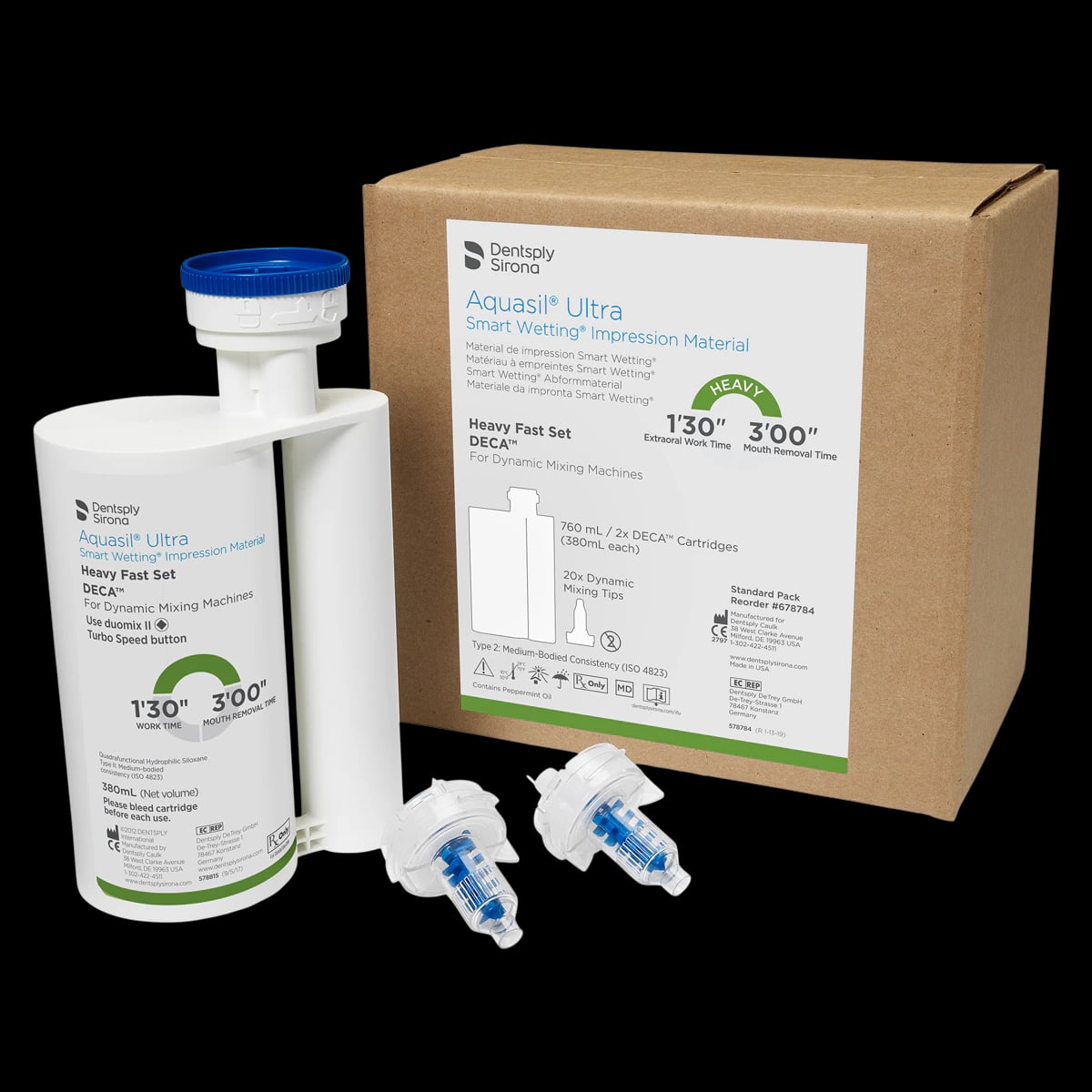 Aquasil Ultra DECA Smart Wetting VPS Impression Material, Heavy Body, Fast Set, Standard Pack, 2 x 380 ml Cartridges, 20 Mixing Tips, 1 Bayonet Ring, 678784