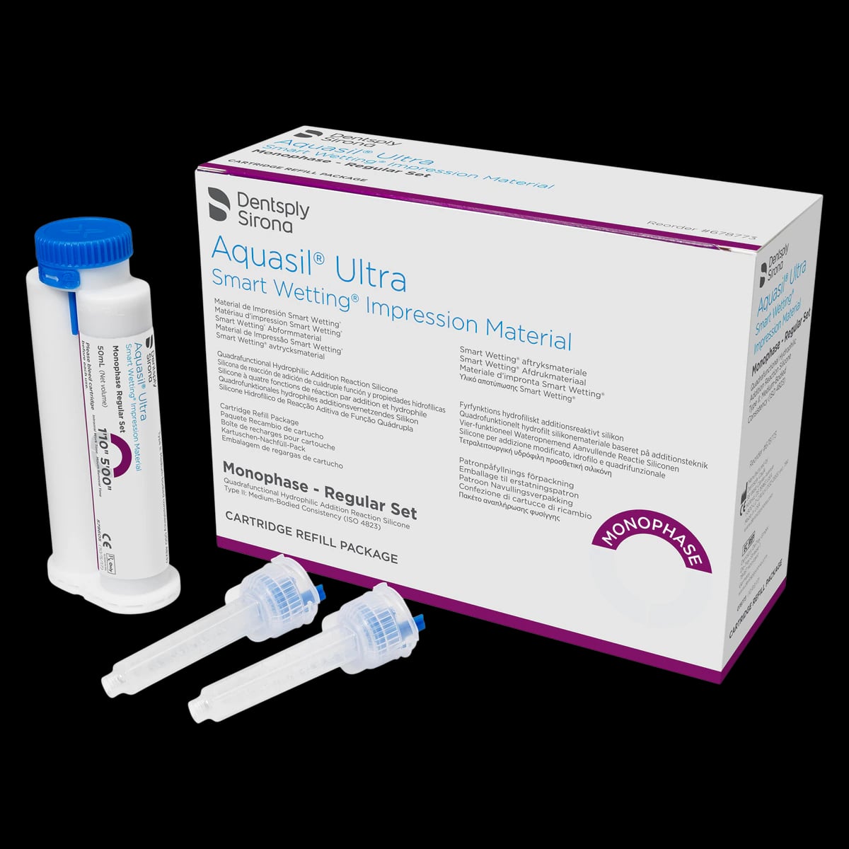 Aquasil Ultra Smart Wetting Impression Material, Monophase, Regular Set, Mint, Purple, 4 x 50 ml Cartridges with 12 Mixing Tips, Refill, 678773