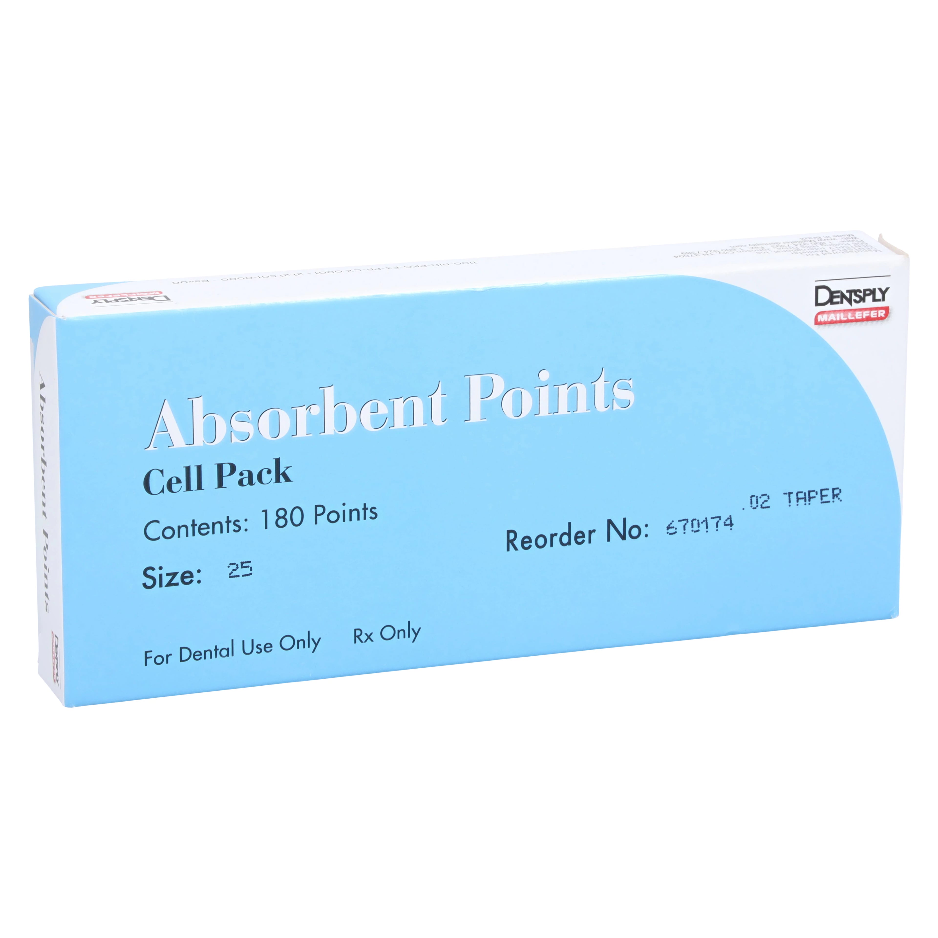 Dentsply Maillefer Absorbent Paper Points, ISO #25, 0.02 Taper, Hand-Rolled, Sterile, Cell Pack of 180, 670174