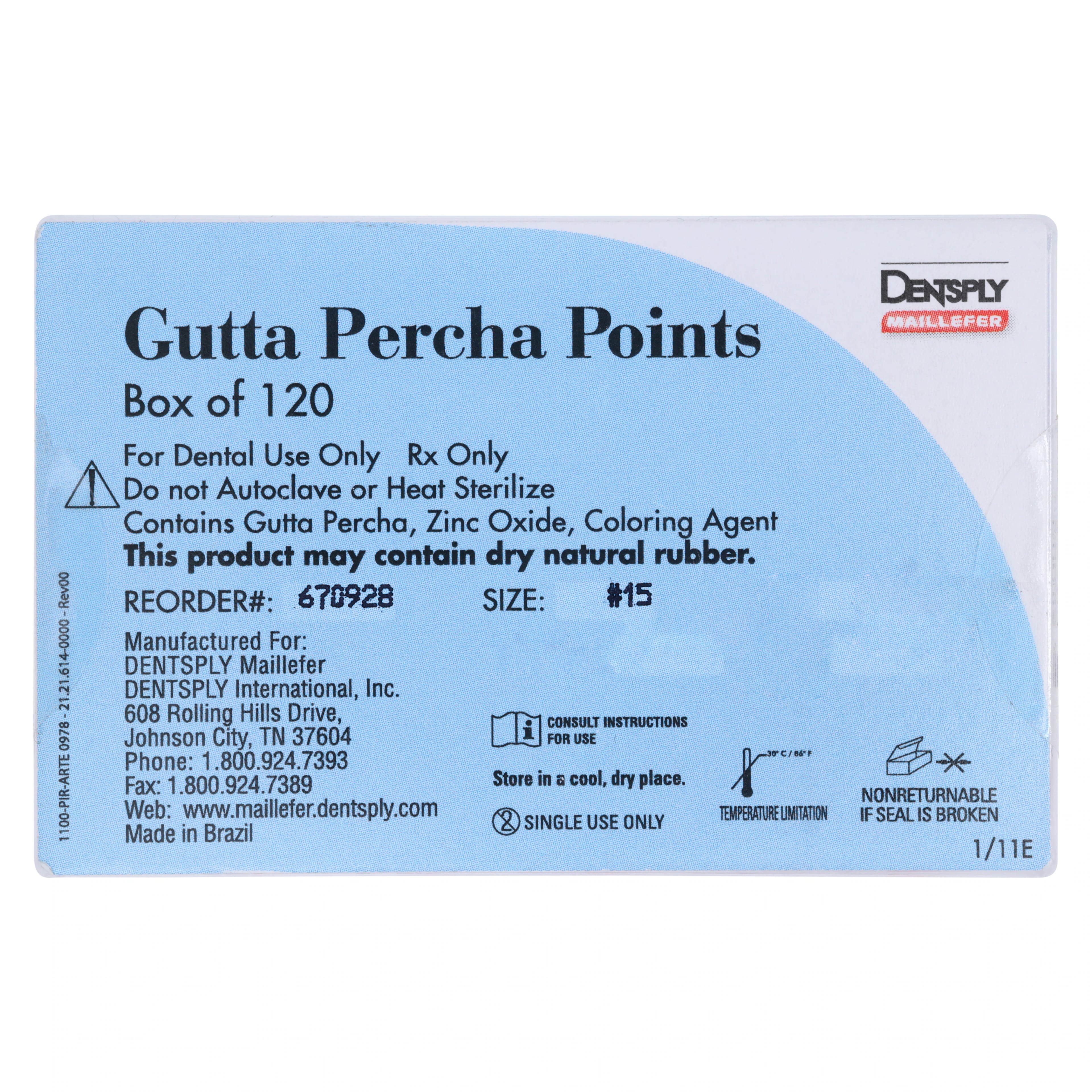 Dentsply Maillefer Gutta Percha Points, ISO #15, White, 0.02 Taper, 30mm, 120/Bx (6 Vials of 20), 670928