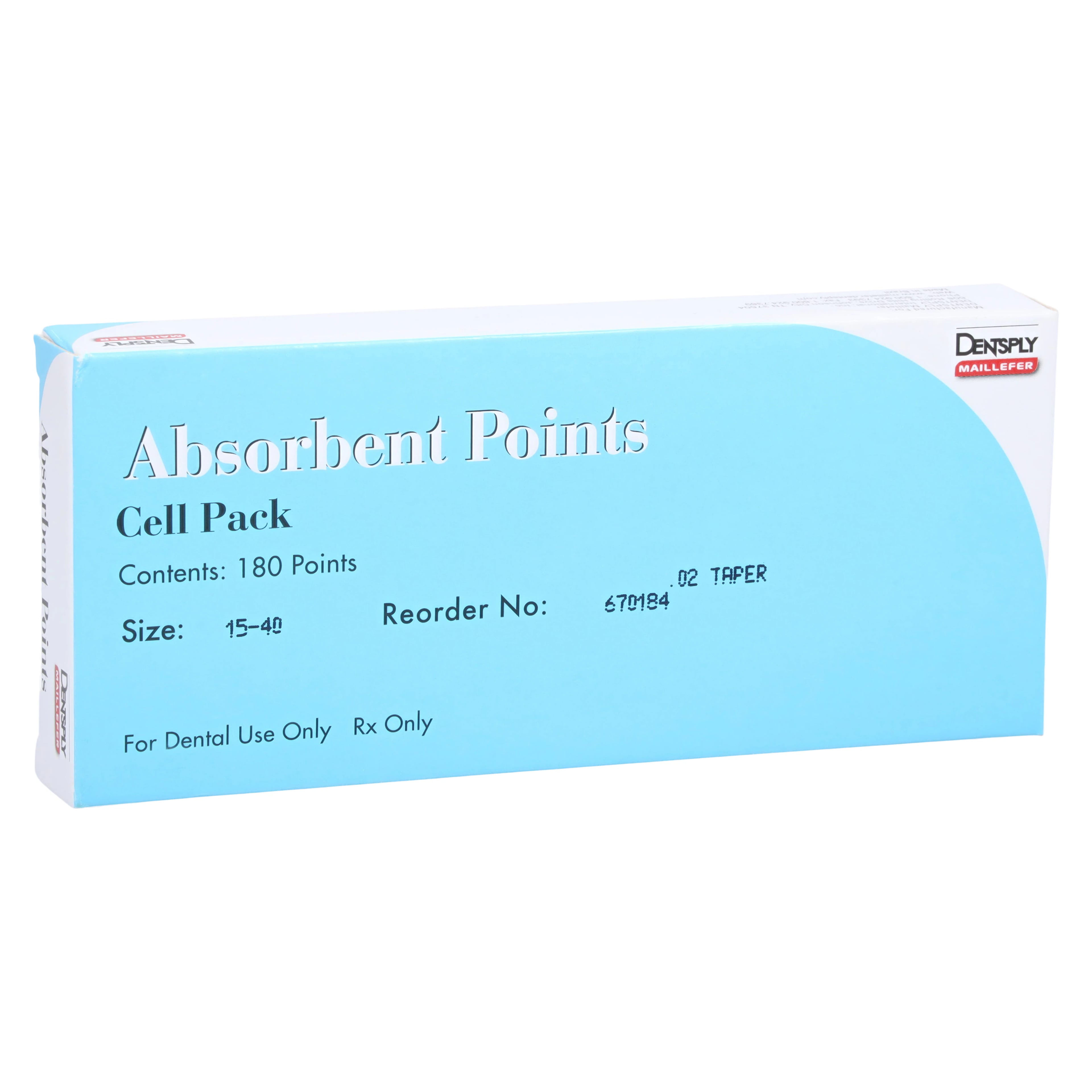 Dentsply Maillefer Absorbent Paper Points, ISO #15-40 Assorted, 0.02 Taper, Hand Rolled, Sterile, 180/Box, 670184