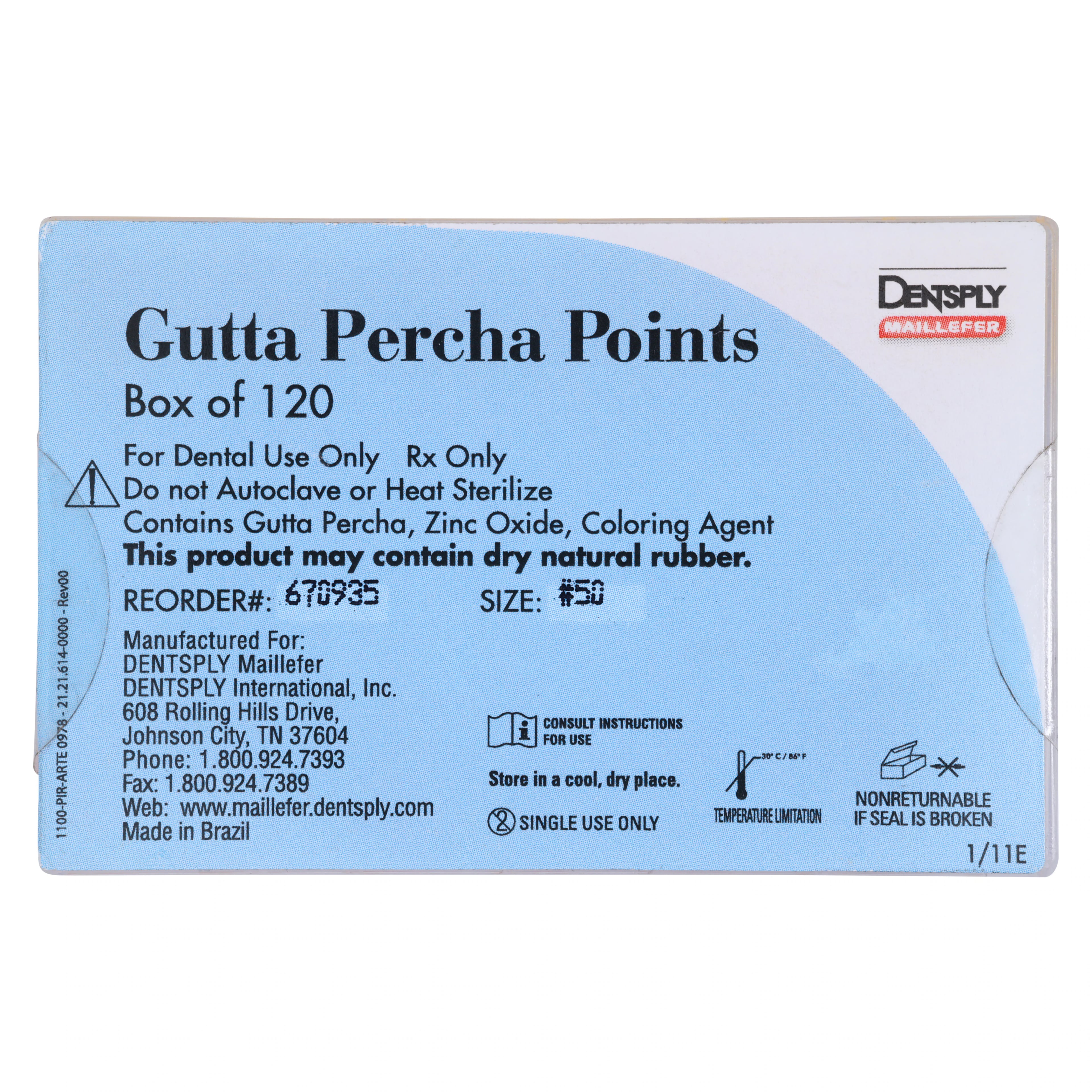 Dentsply Maillefer Gutta Percha Points, ISO #50, 0.02 Taper, Hand Rolled, Yellow, 30mm, 120/Bx (6 Vials of 20), 670935