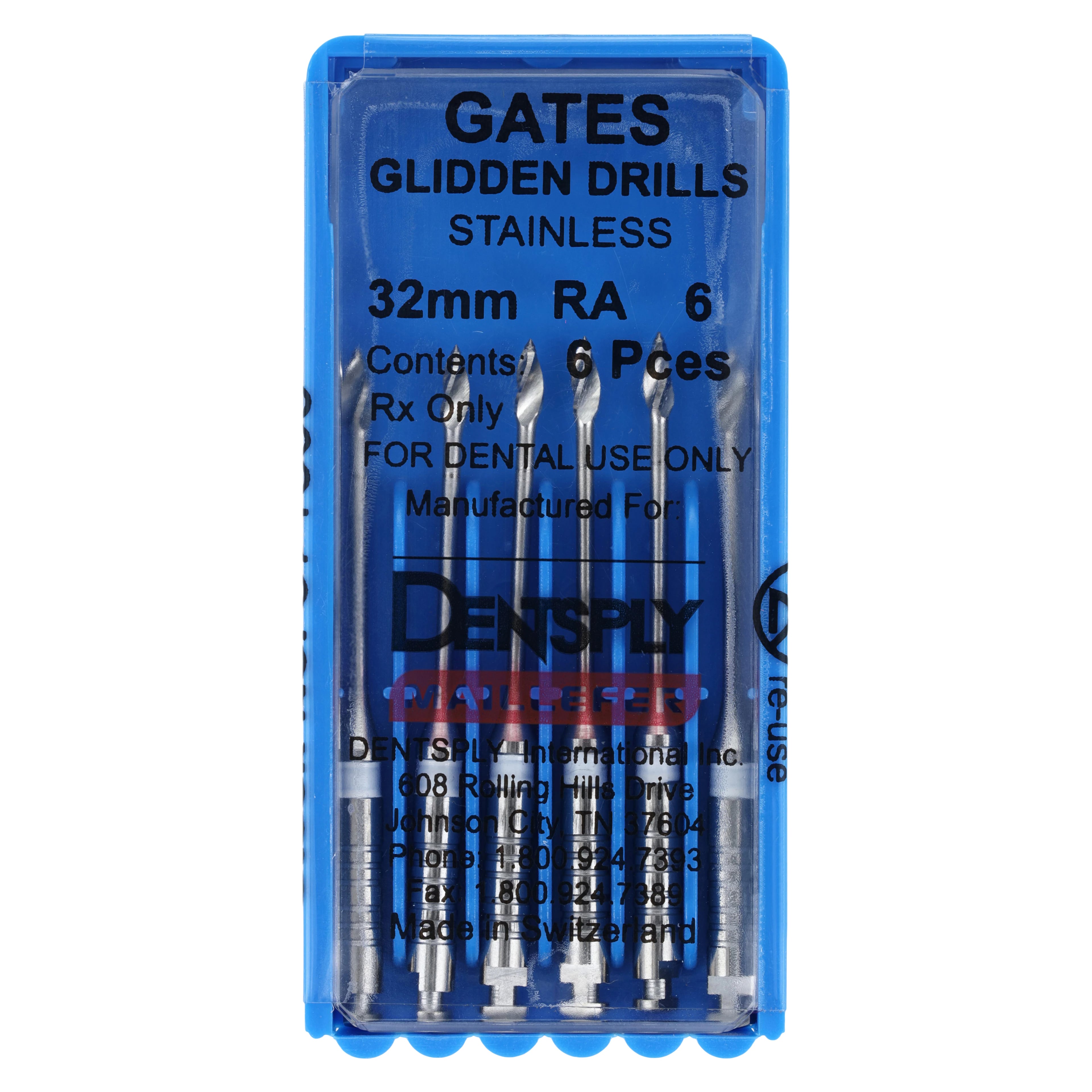 Dentsply Maillefer Gates Glidden Drills, Stainless Steel, #6 (White), 32mm, Right Angle, 6/Pk, 671505