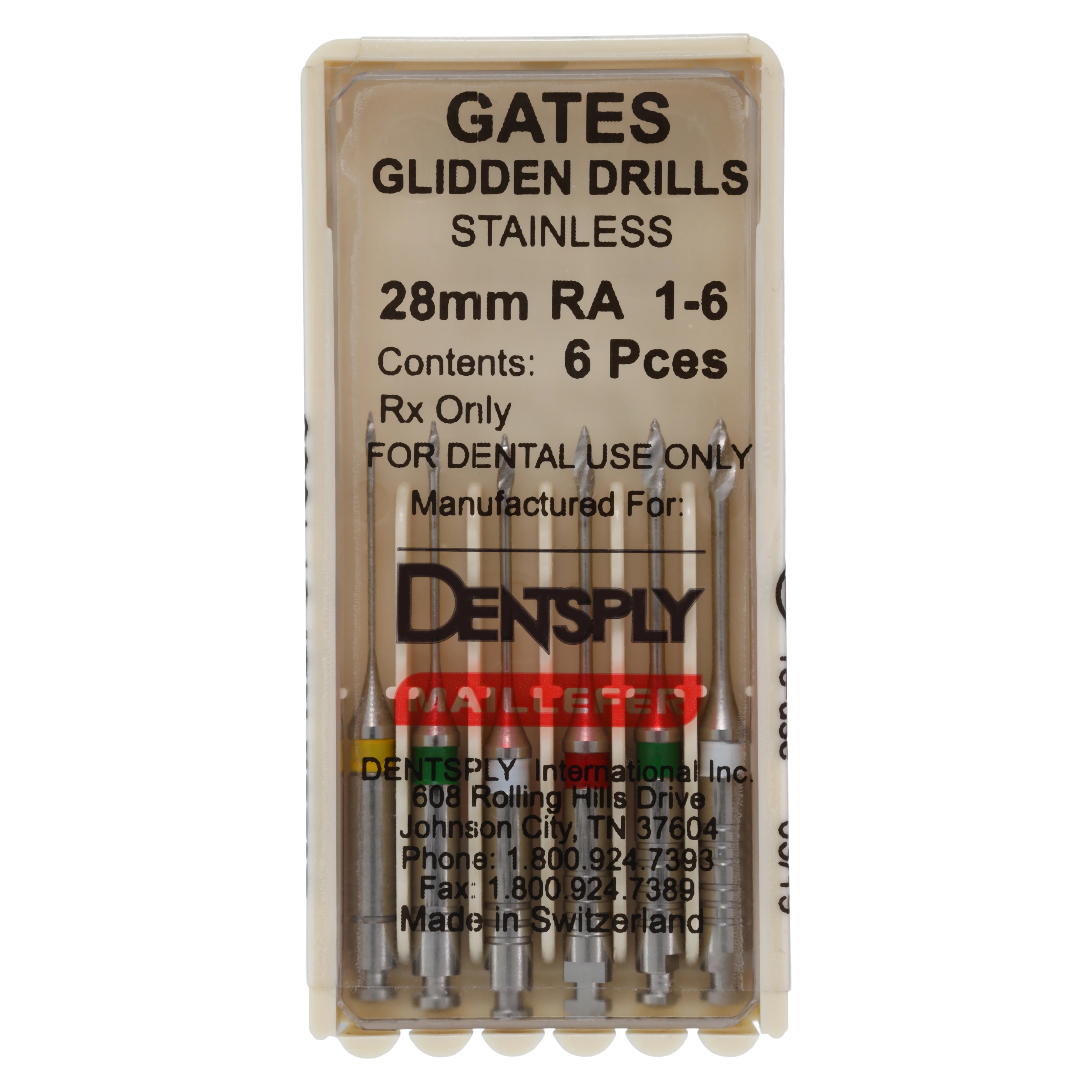Gates Glidden Drills, Stainless Steel, RA (Right Angle), 28 mm, Assorted Sizes #1-6, Short, 6/Pk, 671536