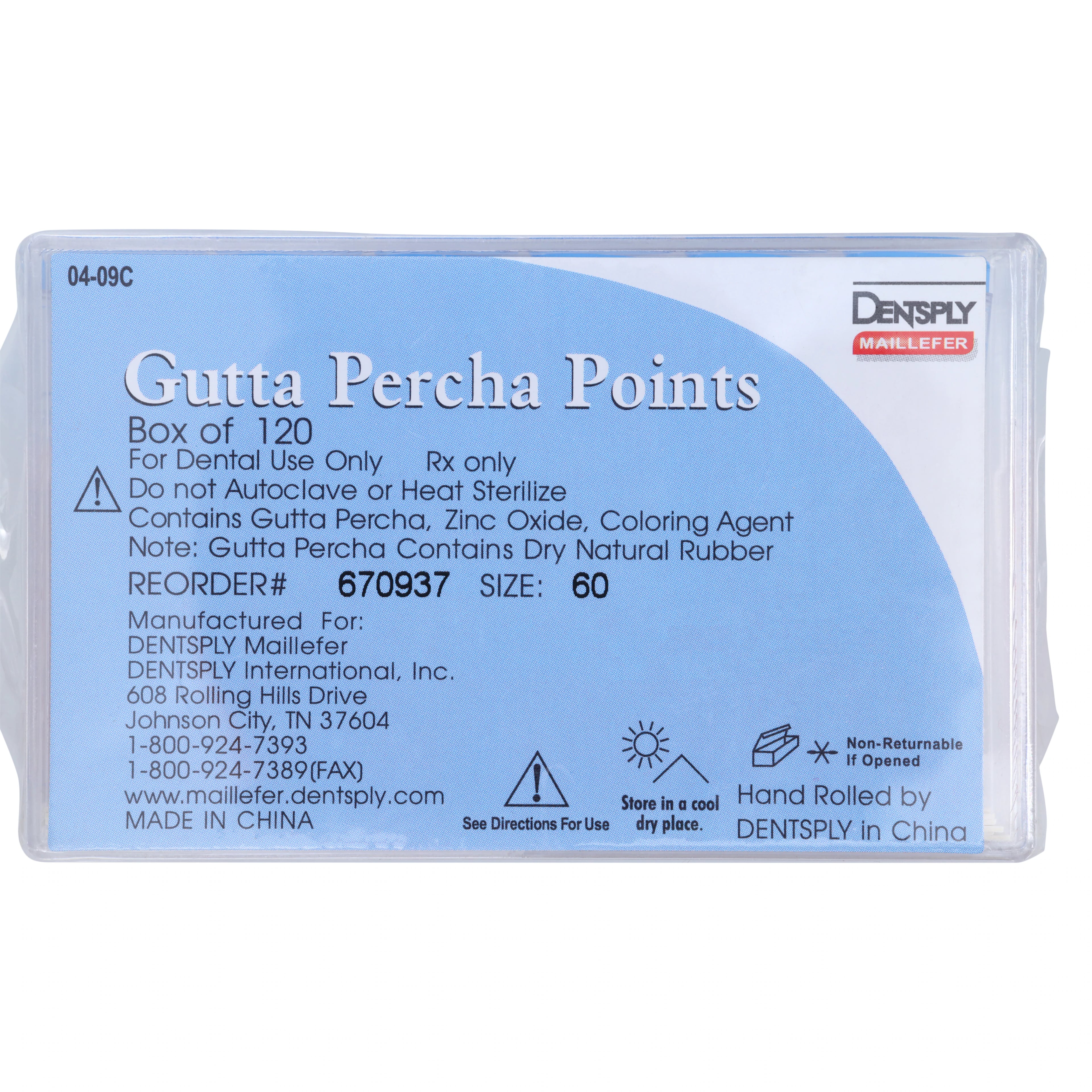 Dentsply Maillefer Gutta-Percha Points, 0.02 Taper, ISO #60, Blue, 30mm, 120/Bx (6 Vials of 20), Ref 670937