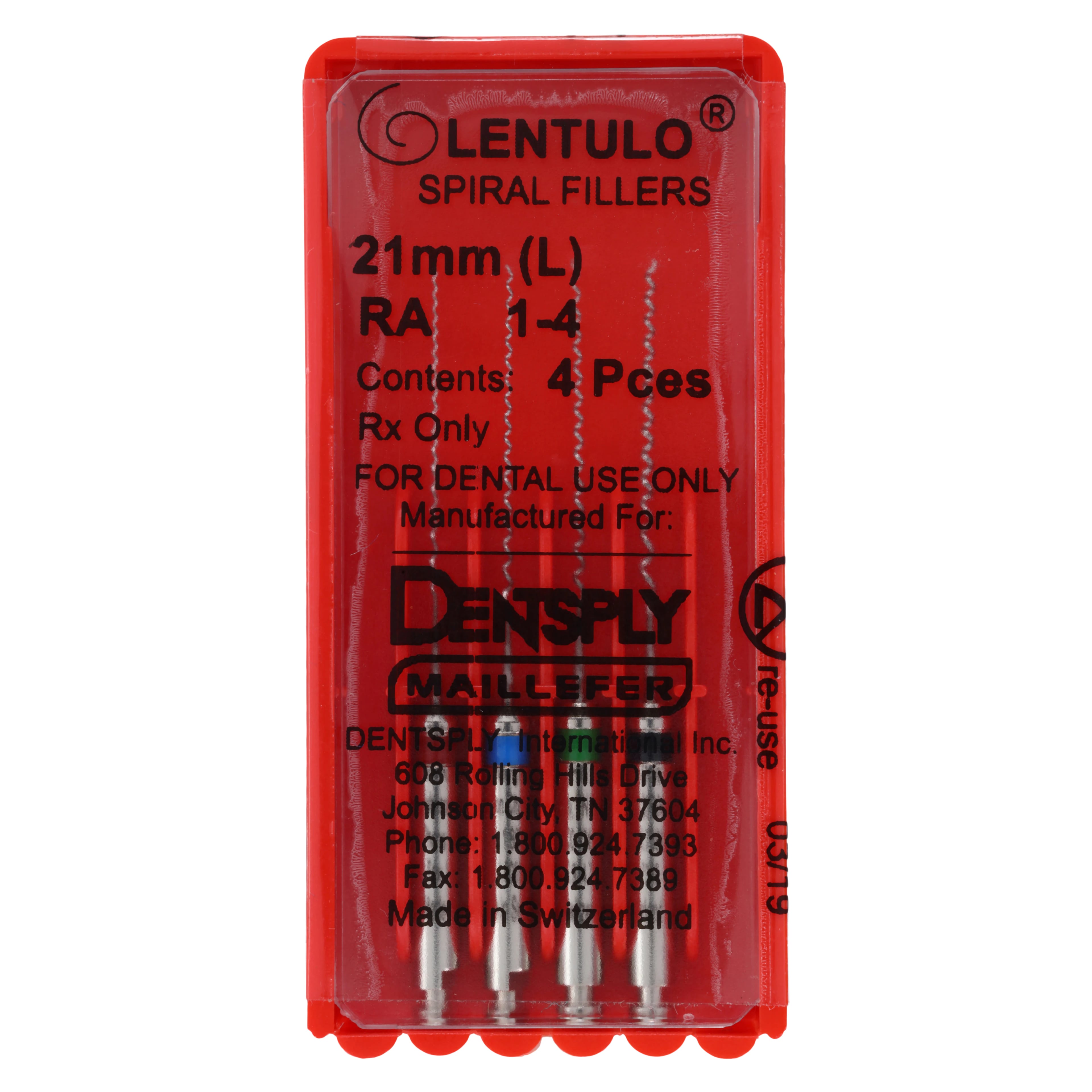 Dentsply Maillefer Lentulo Stainless Steel Spiral Fillers, RA, 21 mm, #1-4 Assorted, 4/Pk, 671564