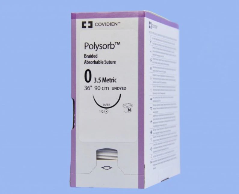 Medtronic Polysorb Absorbable Suture, Size 0, 36" Polyester Braid, GS-21 Taper Point 1/2 Circle Needle 37mm, Undyed, 36/Case