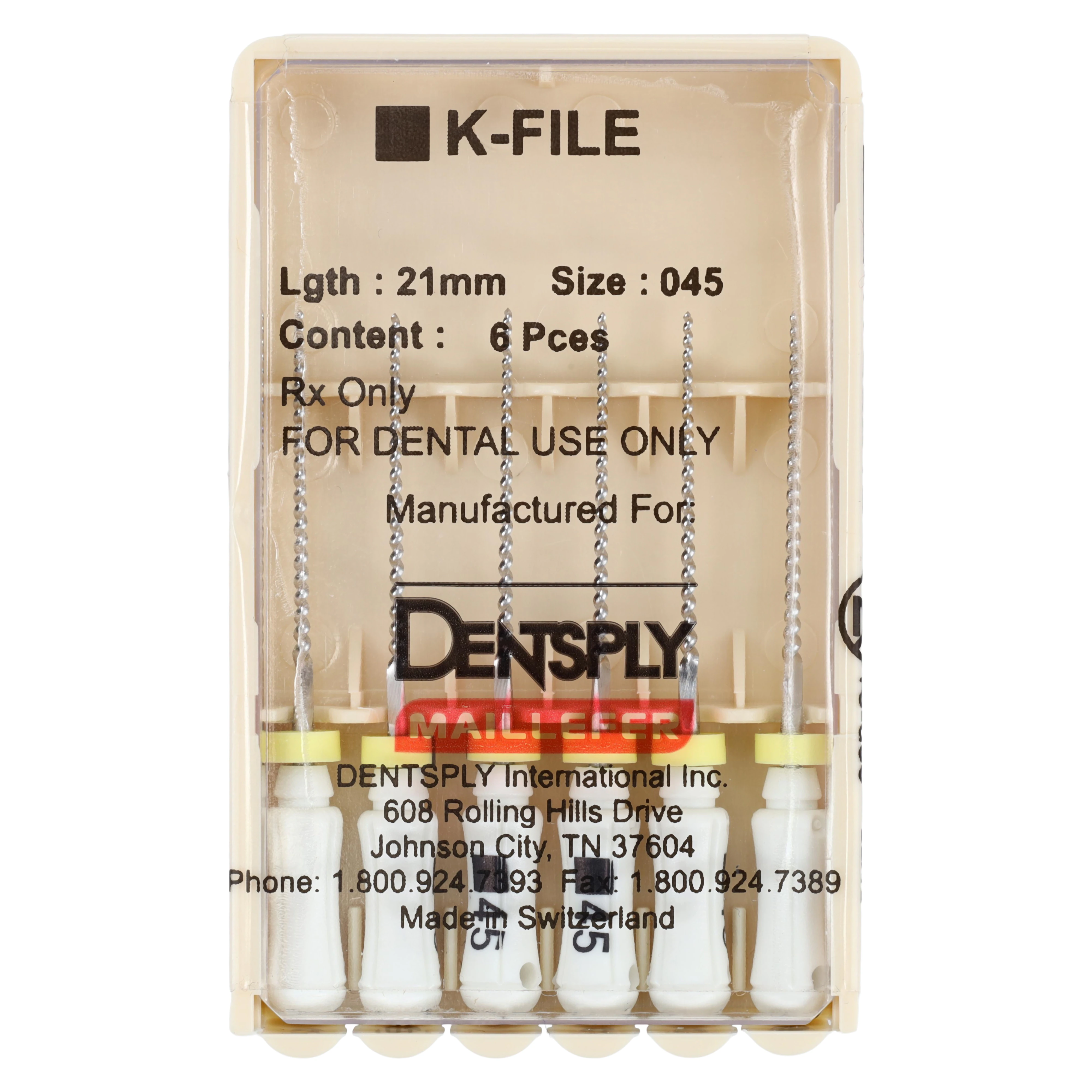 Dentsply Maillefer K-File #45, 21mm, Stainless Steel, White, 6/Pack, 671108