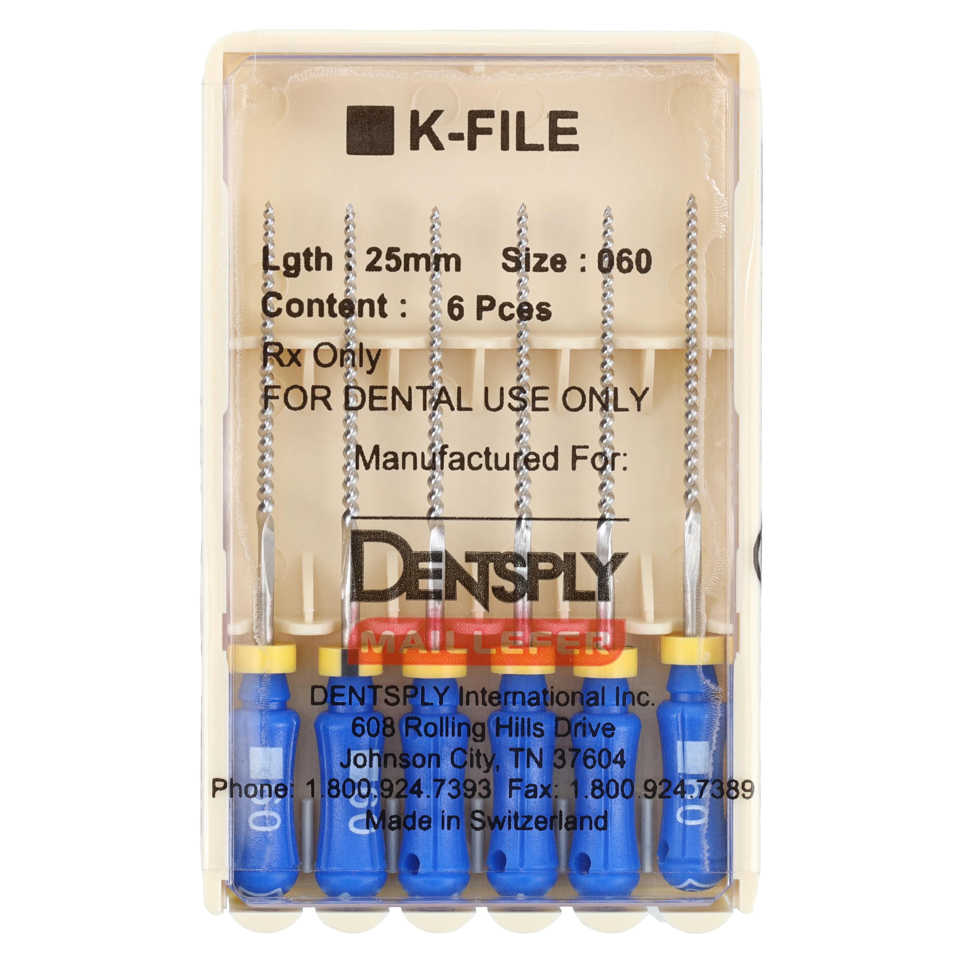 Dentsply Maillefer K-File #60, 25mm, Stainless Steel, Color-Coded Blue, Pack of 6, 671141