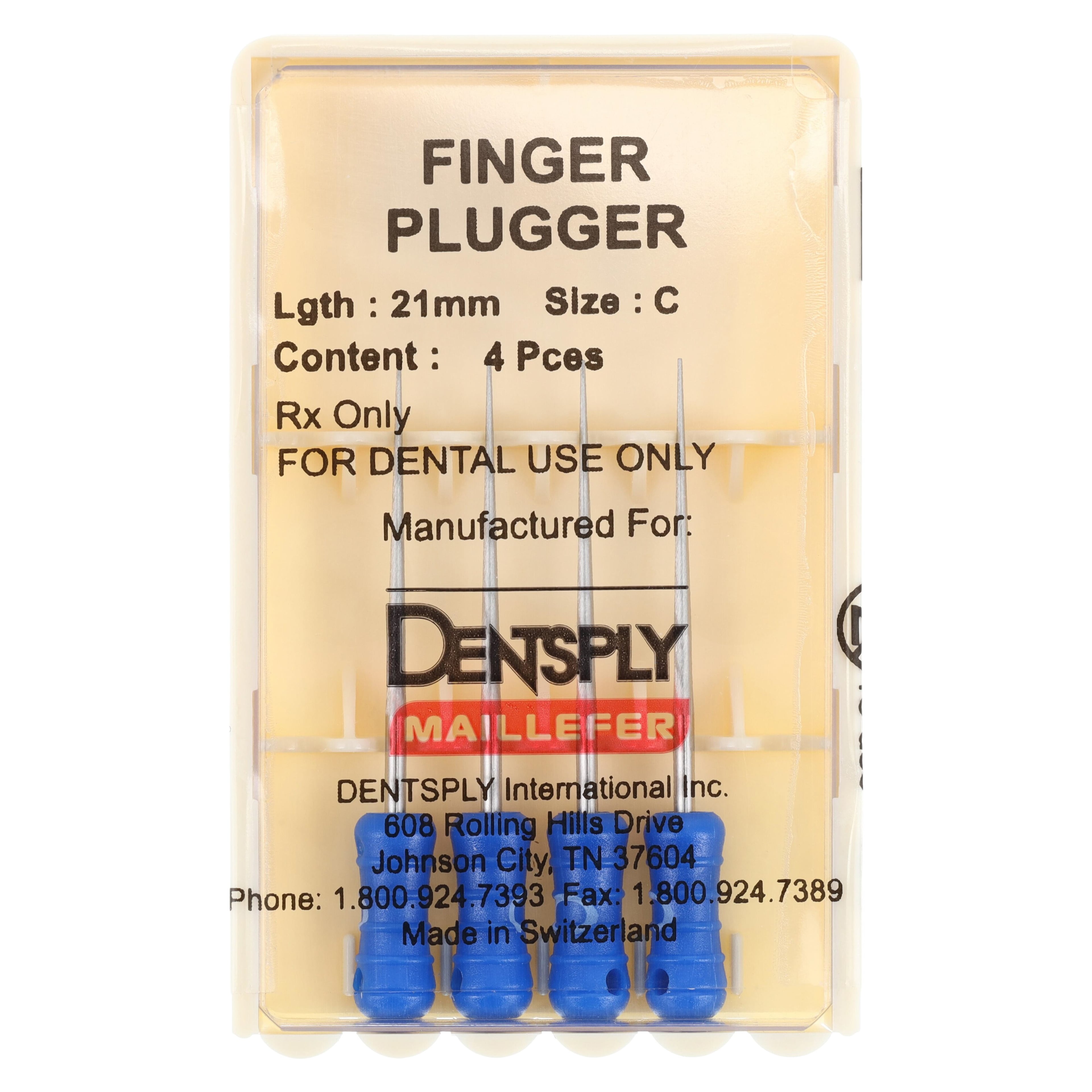 Dentsply Maillefer Finger Plugger, Size C (Blue), Plastic Handle, 21 mm, 4/Pkg, 671702