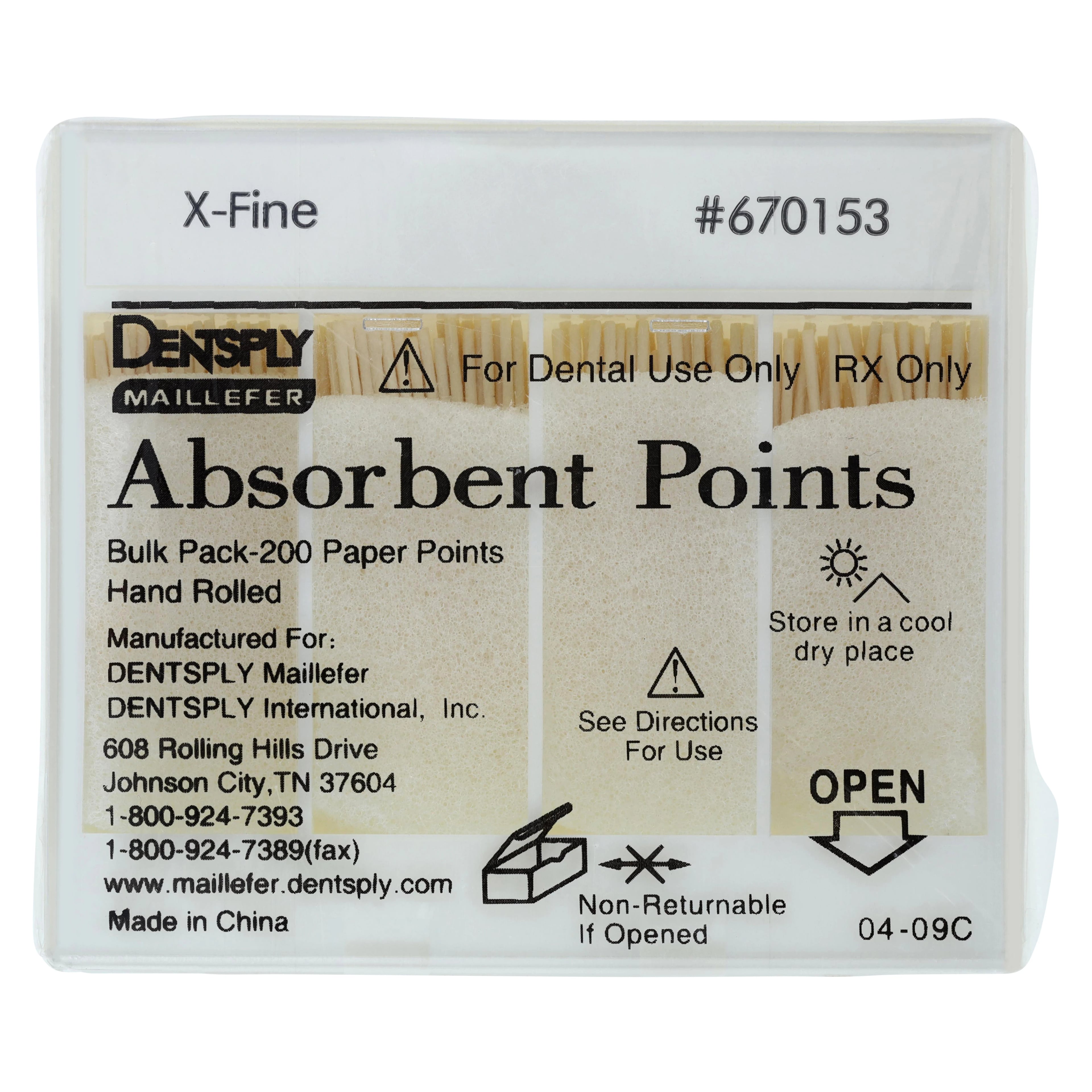 Dentsply Maillefer Absorbent Paper Points, X-Fine, .02 Taper, Hand-Rolled, Non-Sterile, Bulk Pack of 200, 670153