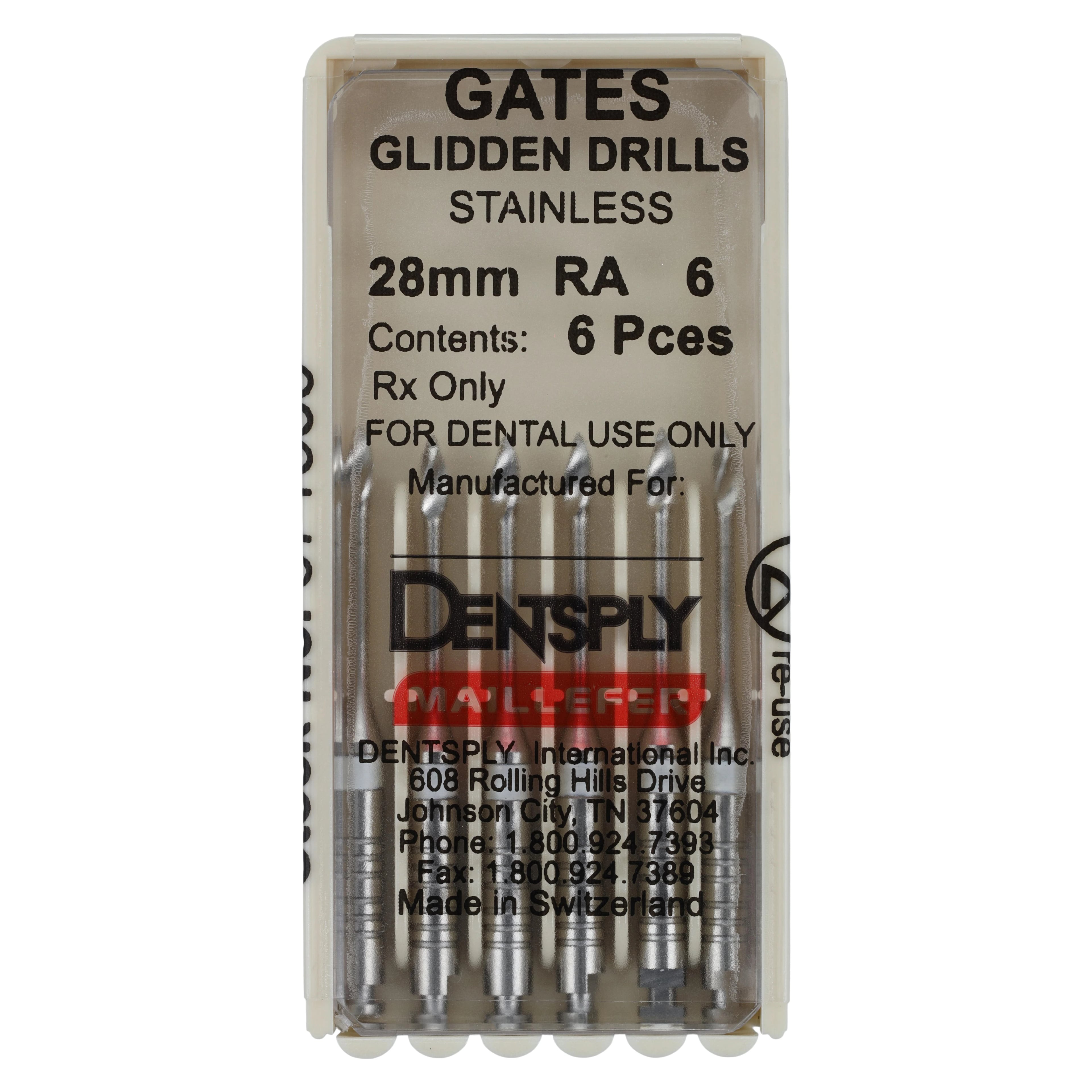 Dentsply Maillefer Gates Glidden Drills, RA, 28 mm, Size #6, 6/Pkg, 671535