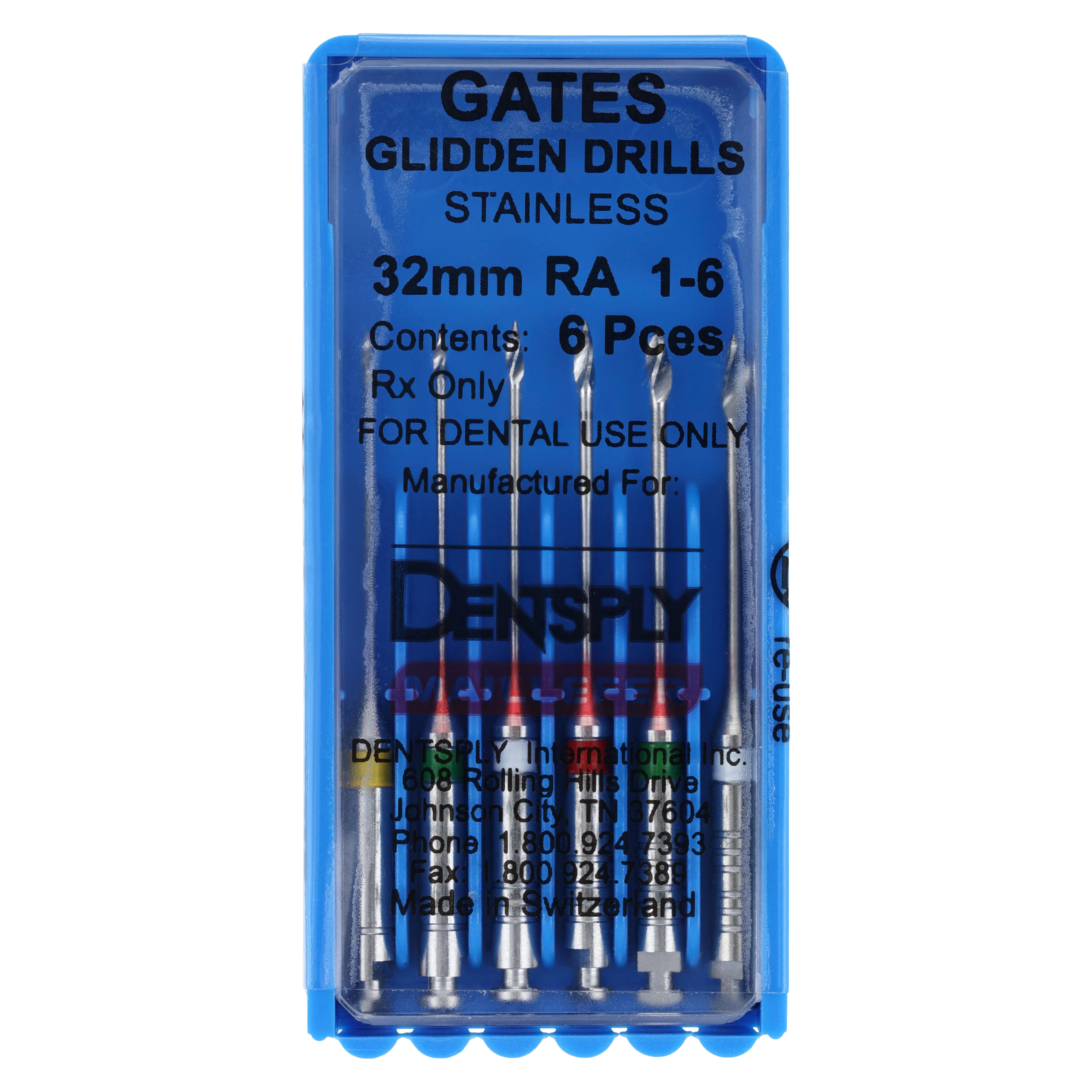 Dentsply Maillefer Gates Glidden Drills, Stainless Steel, Assorted Sizes #1-6, 32mm, 6/Pk, 671506