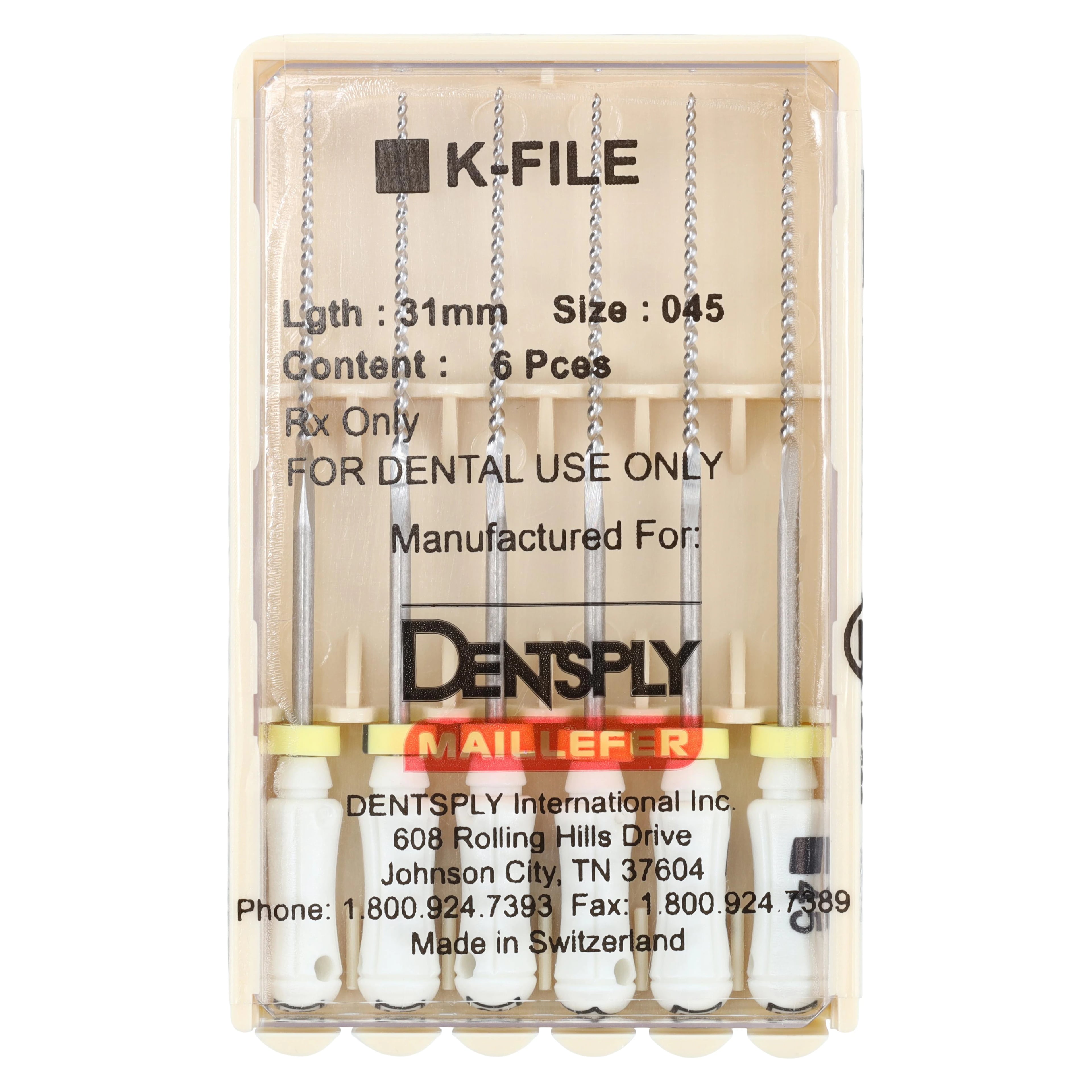 Dentsply Maillefer K-File #45, Stainless Steel, 31mm, White, 6/Pkg, 671168