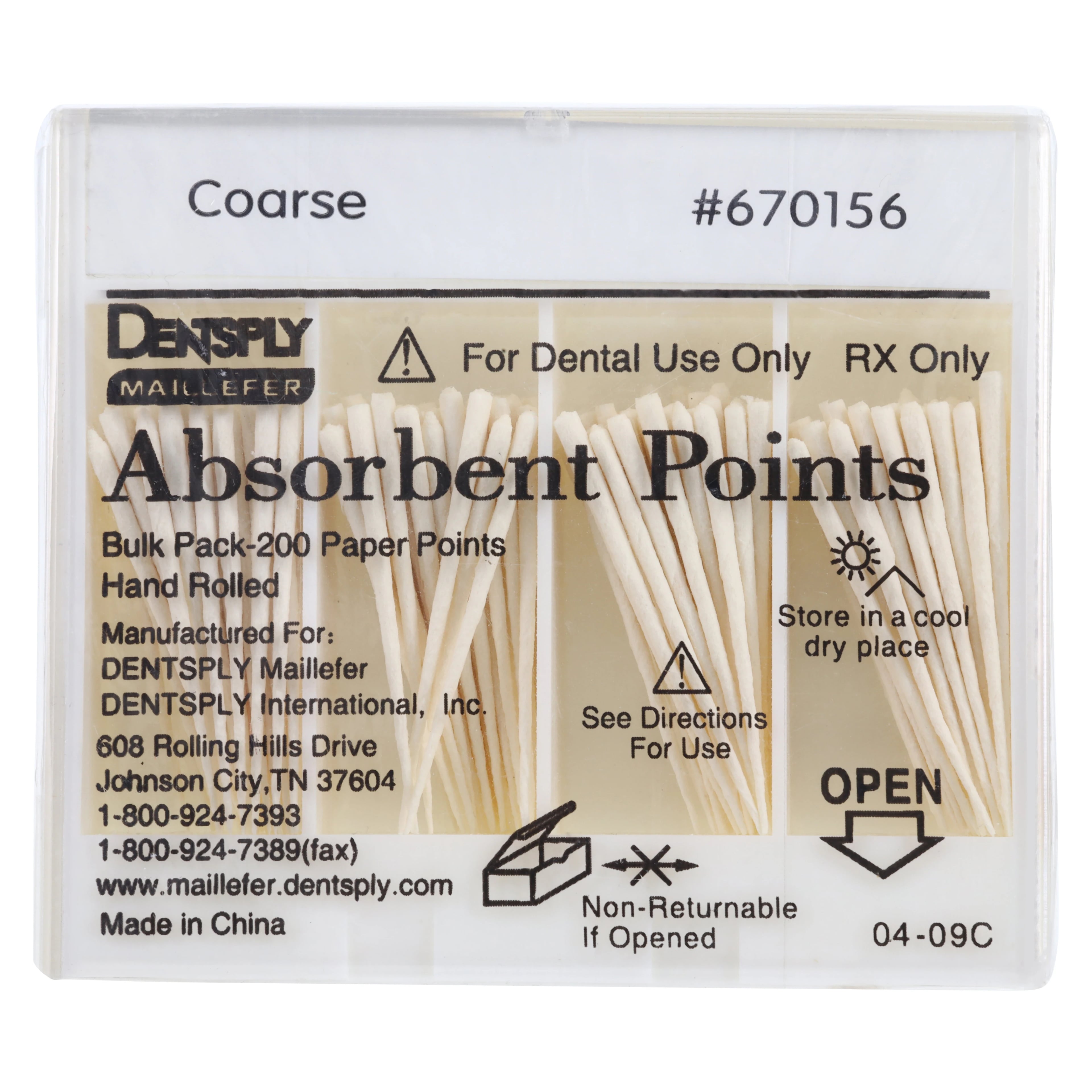 Dentsply Sirona Maillefer Absorbent Paper Points, Coarse, .02 Taper, Standard Size, Hand-Rolled, Non-Sterile, Bulk Pack, 200/Pk, 670156