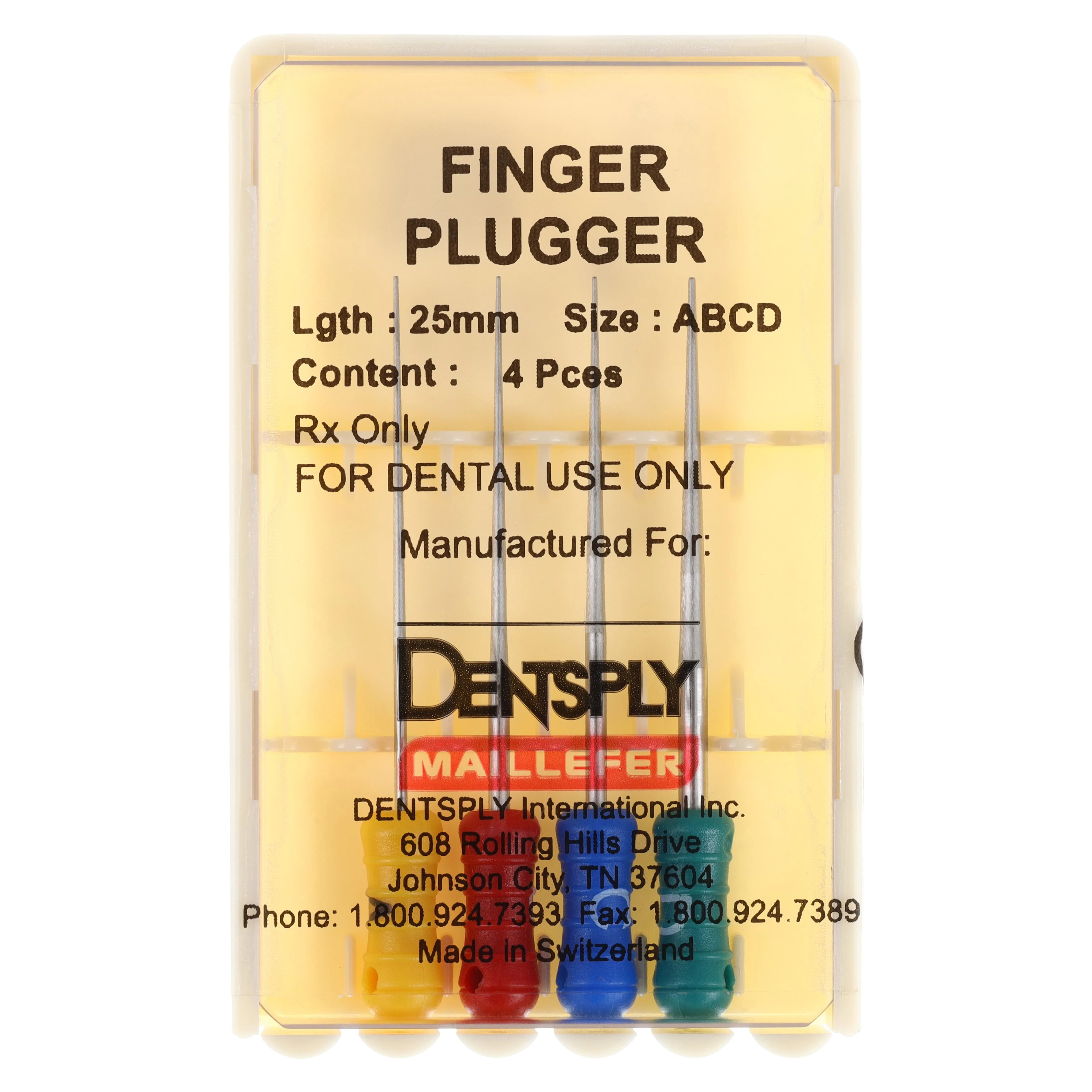 Dentsply Maillefer Finger Pluggers, Assorted Sizes 20 A-35 D, Plastic Handle, 25 mm, 4/Pkg, #671714