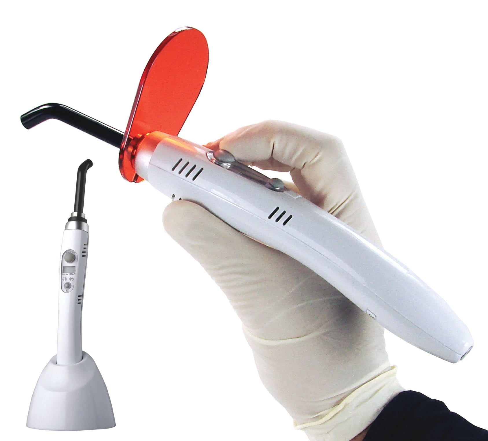 Vector QUAZAR High-Performance Curing Light, LED, Cordless, 3000 mW/cm², Silver, 13 Programmable Modes, with Charging Base, Power Adapter, Light Shield, Plaque Detection Paddle, Hygiene Shield Pack