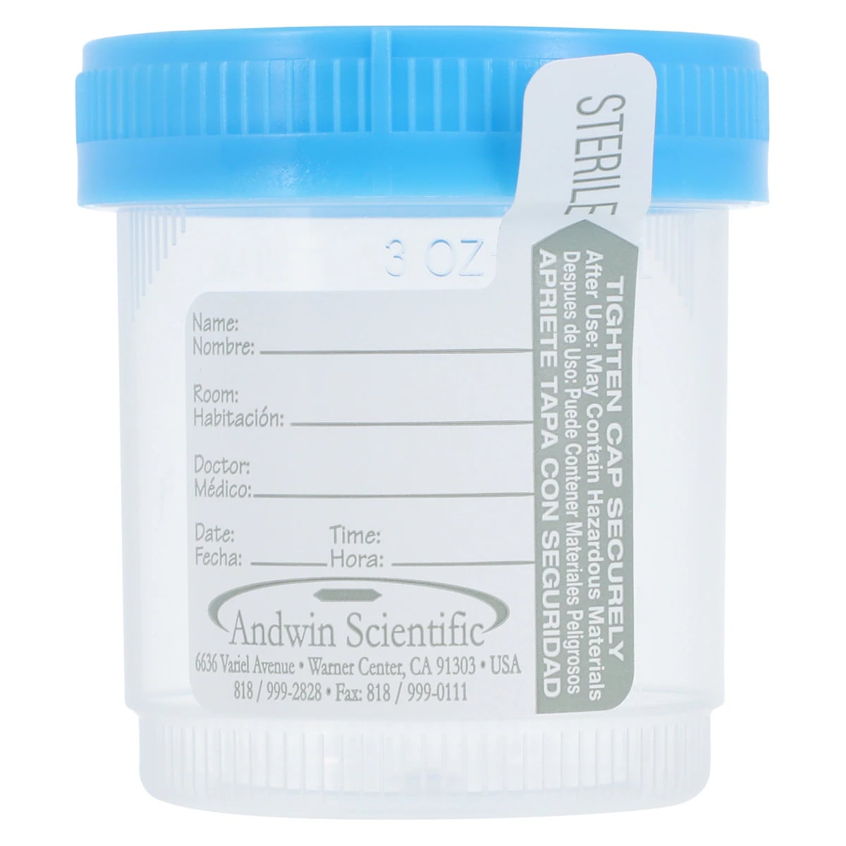 Andwin Scientific Sterile Urine Specimen Container, 3 oz, Clear Plastic with Blue Screw Cap, 400/Box