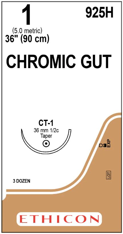 Ethicon Chromic Gut Surgical Suture, Size 1, 36" CT-1 Taper Point 1/2 Circle Needle, 36/Bx, 925H