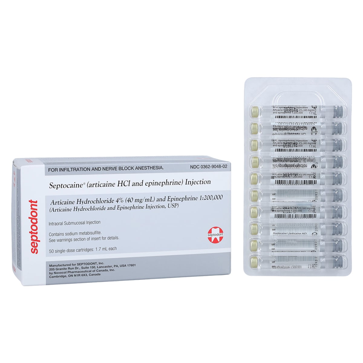 Septocaine Articaine HCl 4% and Epinephrine 1:200,000 Dental Anesthetic Cartridges, 1.7 mL, 50/Box, Silver, 01A1200