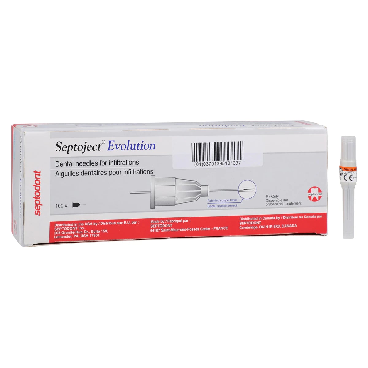 Septodont Septoject Evolution Dental Needles, 27 Gauge Short, 25 mm, Sterile, Disposable, 100/Box, 01-N1600