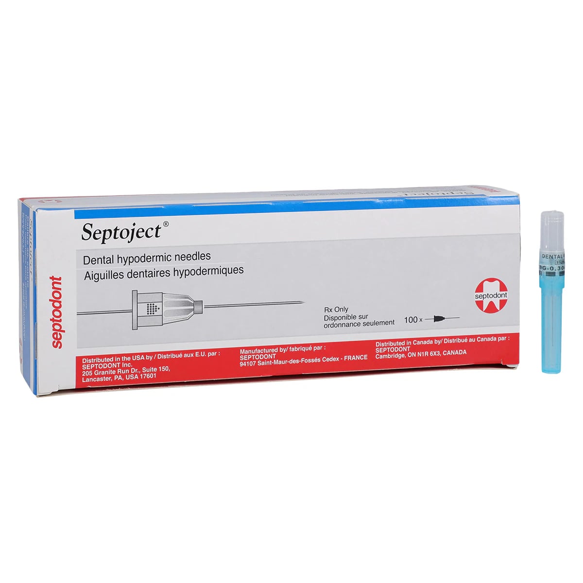 Septodont Septoject Dental Hypodermic Needles, 30 Gauge Short, Blue, Plastic Hub, 100/Box, 01-N1301