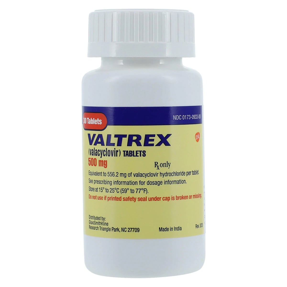 Valtrex Caplets 500mg, 30 Tablets/Bottle