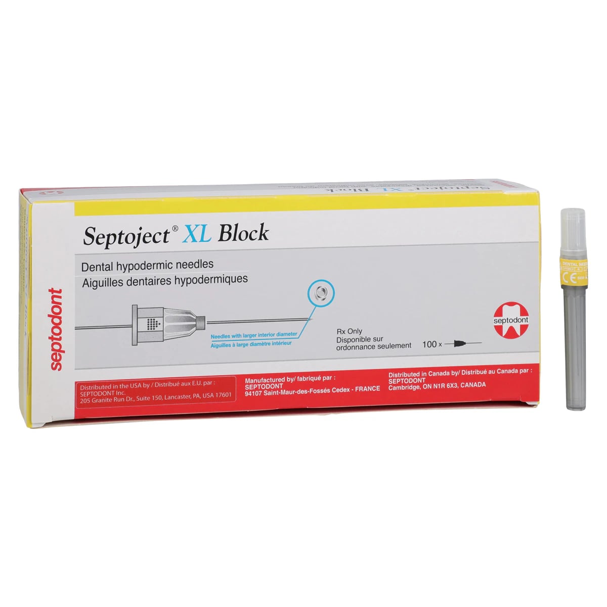 Septoject XL Dental Needles, 27 Gauge, Long (35 mm), Block, Plastic Hub, Yellow, 100/Box, 01-N1550