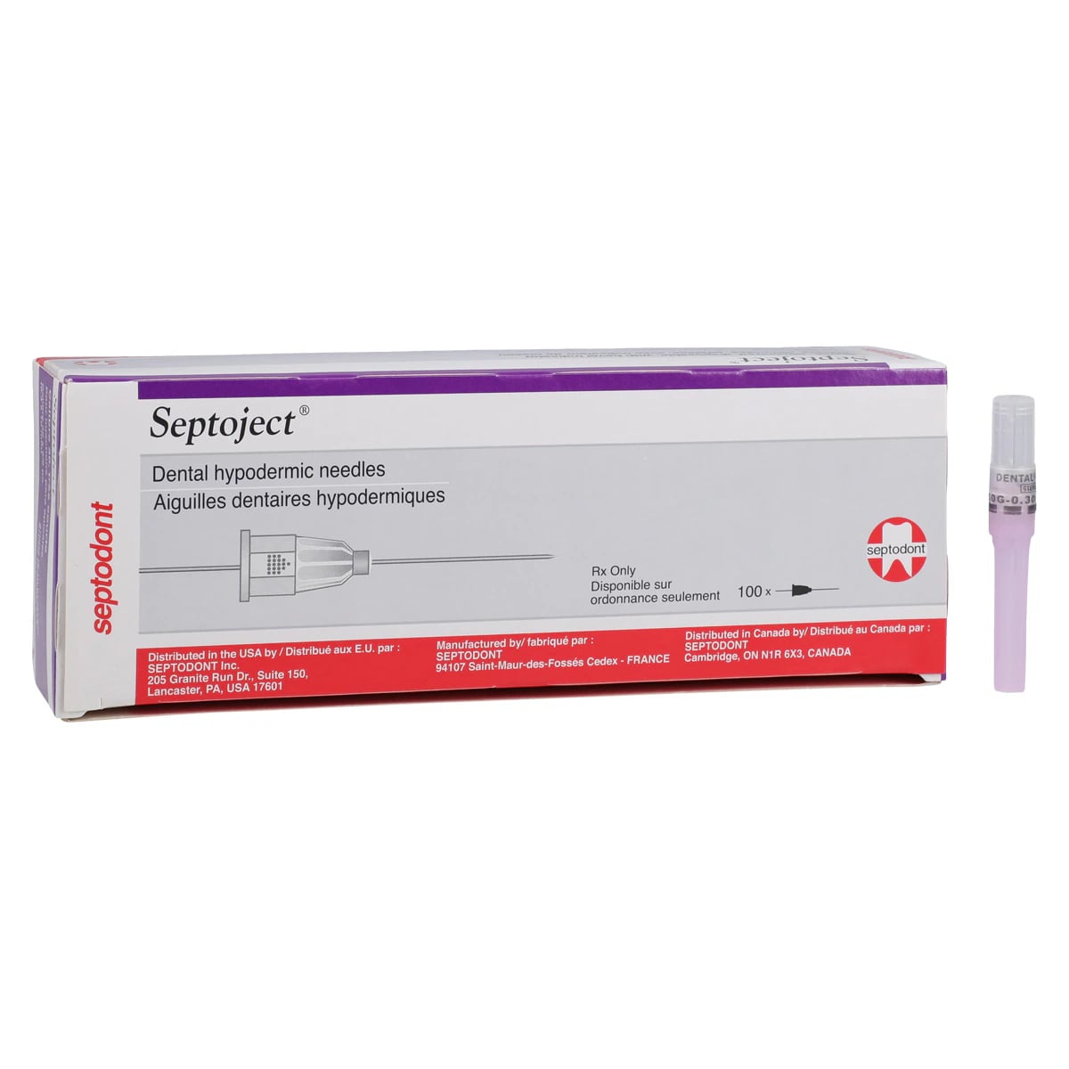 Septoject Dental Hypodermic Needles, Plastic Hub, 30 Gauge, Extra Short (10mm), Purple, 100/Box, 01-N1300