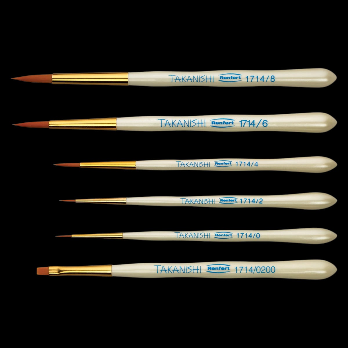 Renfert Takanishi Synthetic Bristle Ceramist Brush Set, Assorted Sizes 1/0, 2, 4, 6, 8, Opaquing, 6 Brushes, 17140000
