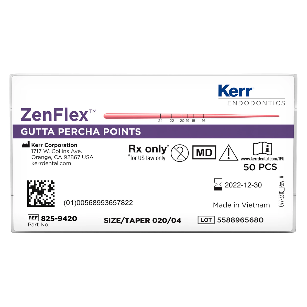ZenFlex Gutta Percha Points, .04 Taper, Size 25 (ISO 0.25), Red, Pre-Tipped, 50/Pack, 825-9425