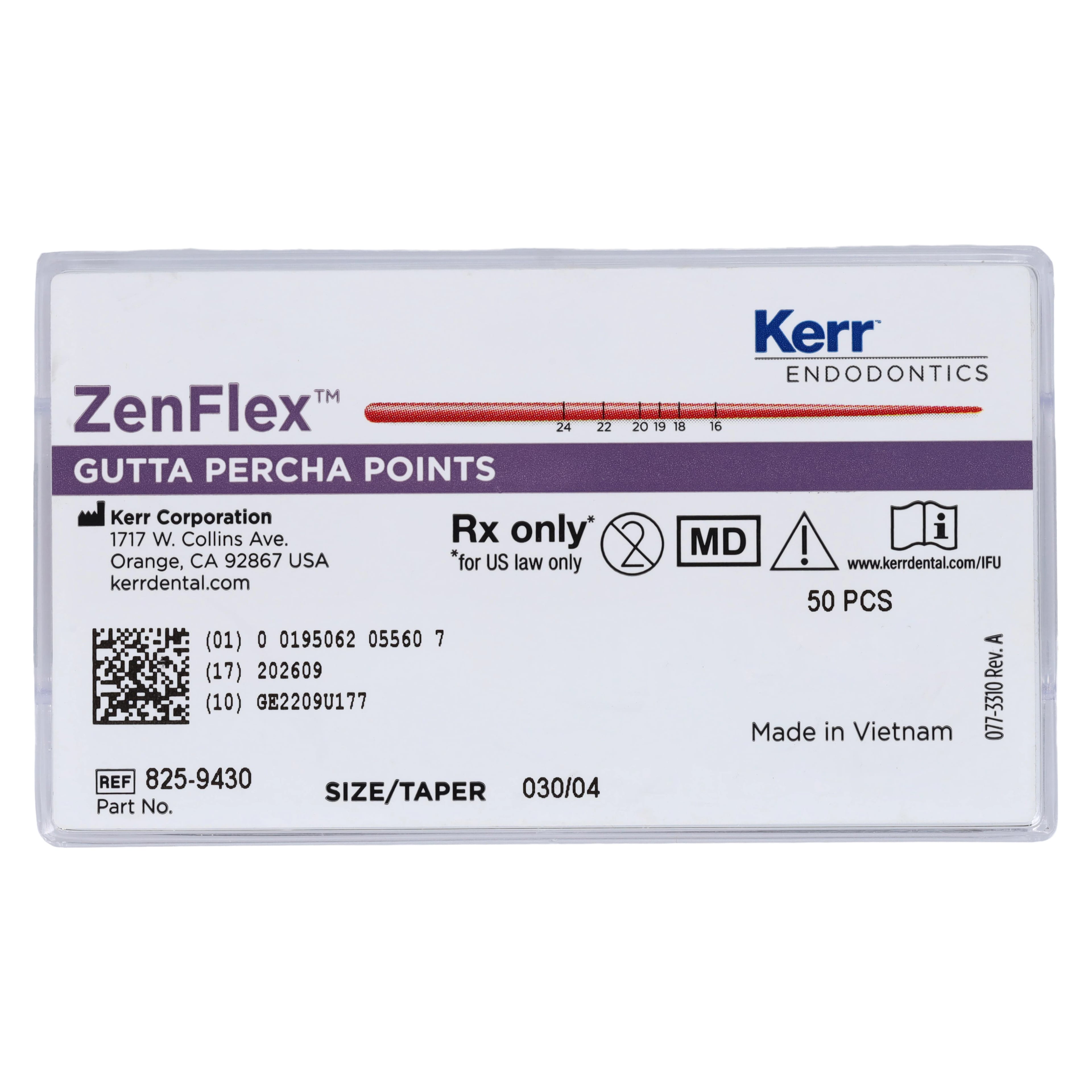 ZenFlex™ Gutta Percha Points, .04 Taper, Size 30 (ISO 0.30), Blue, Pre-Tip, 50/Pack, 825-9430