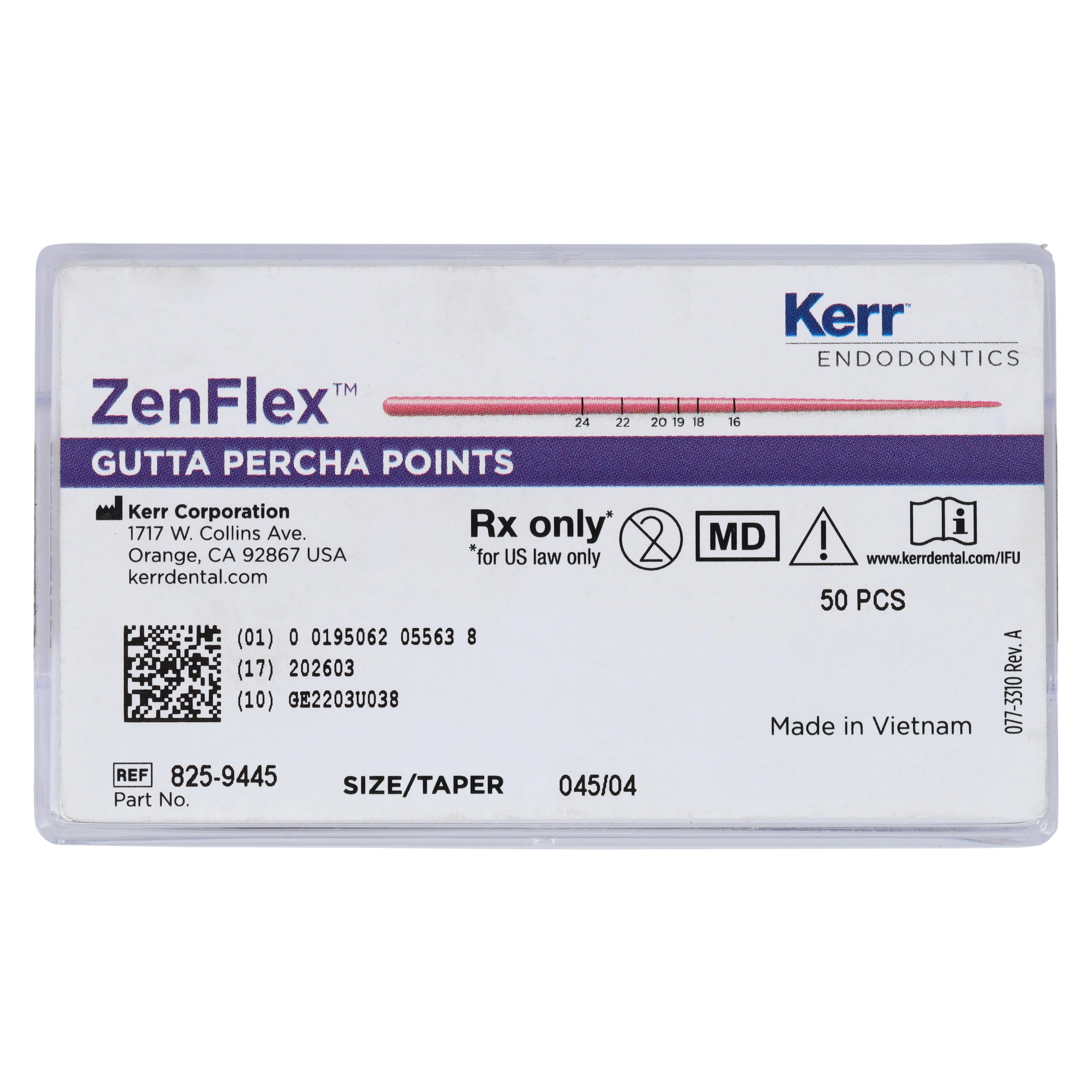 ZenFlex Gutta Percha Points, .04 Taper, Size 45, White, Pre-Tipped, 50/Pack, 825-9445