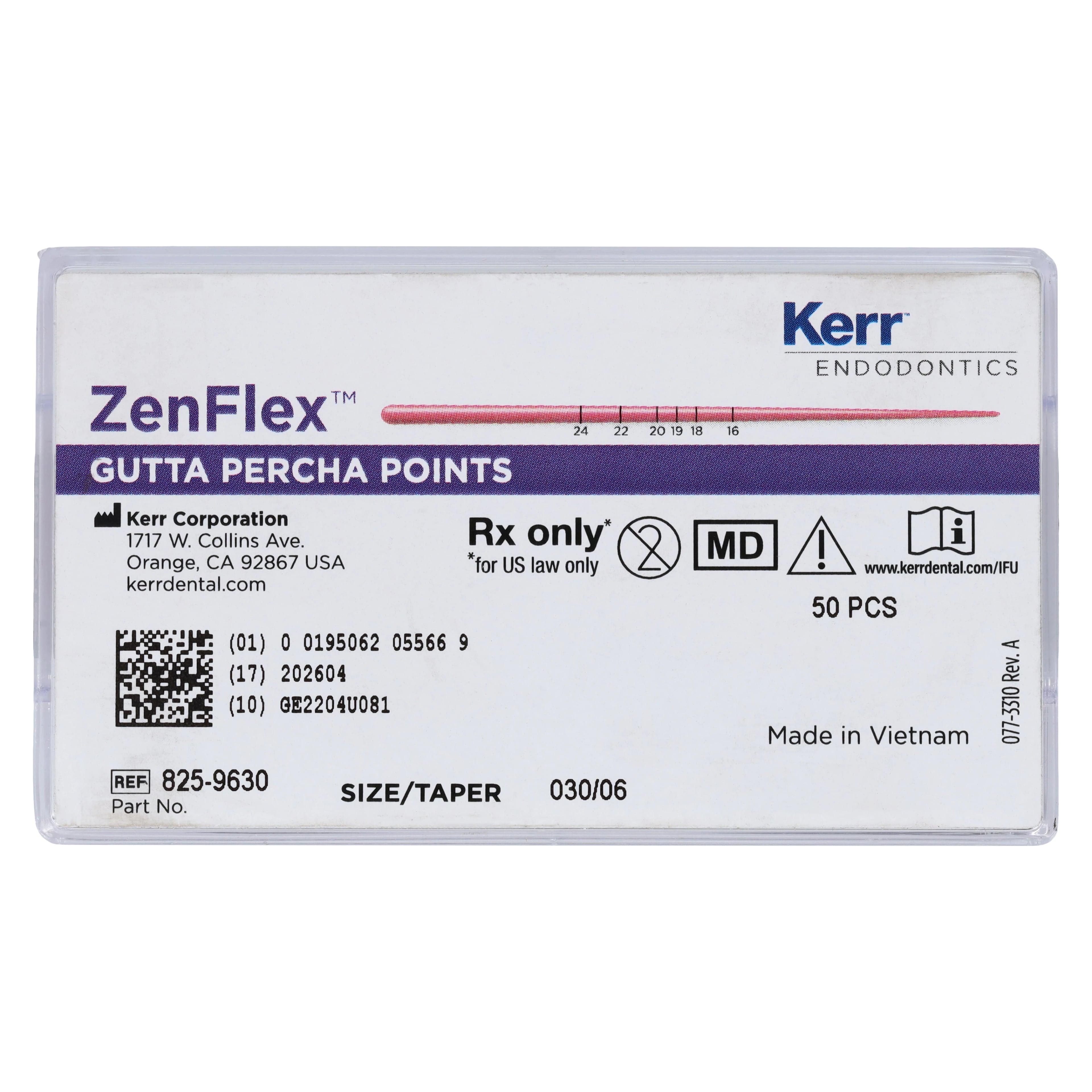ZenFlex Gutta Percha Points, .06 Taper, Size #30 (0.30 Tip), Blue, ISO Color-Coded with Depth Markers, 50/Pkg, 825-9630
