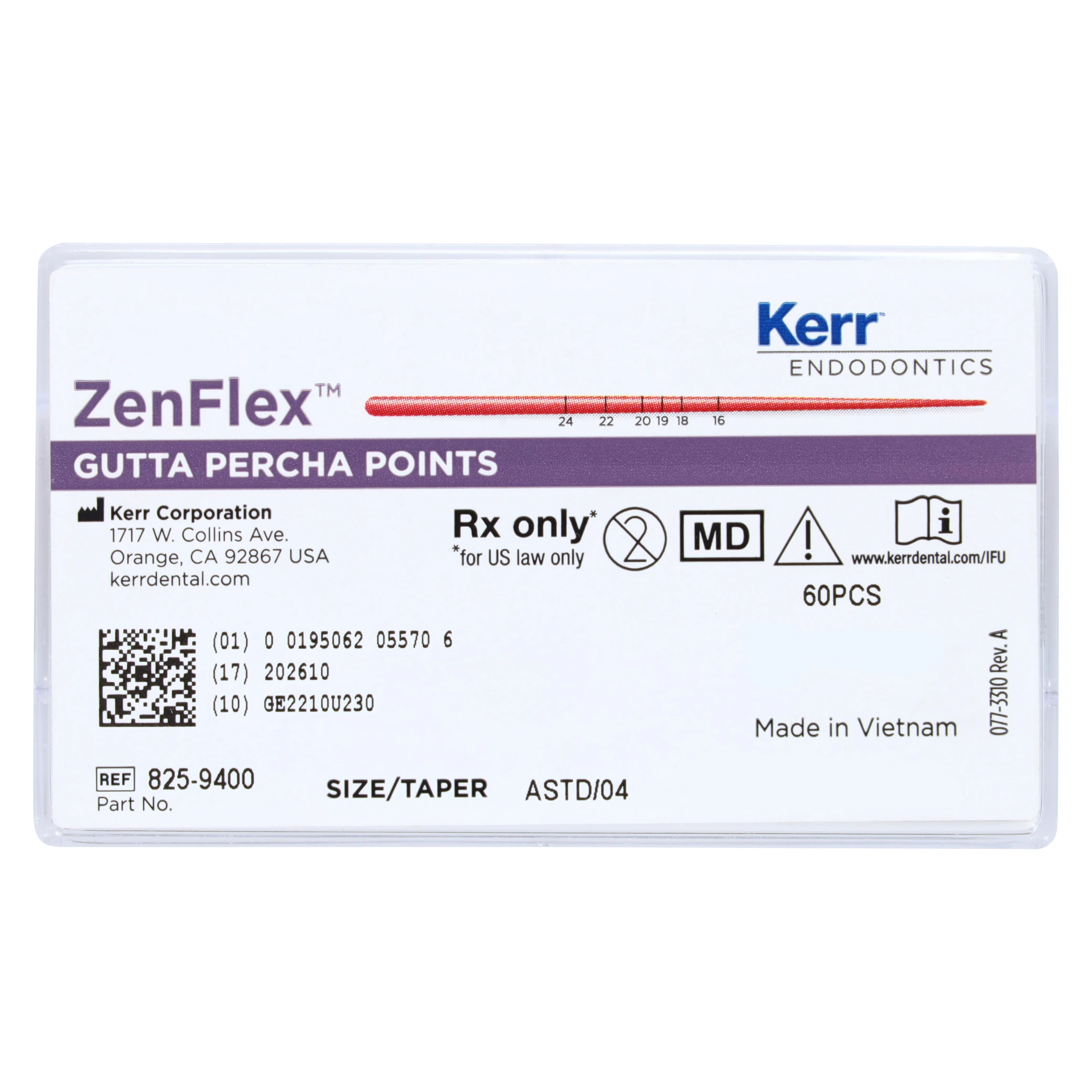 ZenFlex™ Gutta Percha Points, Assorted .04 Taper, ISO Color-Coded, #20-45, 60/Pkg, 825-9400