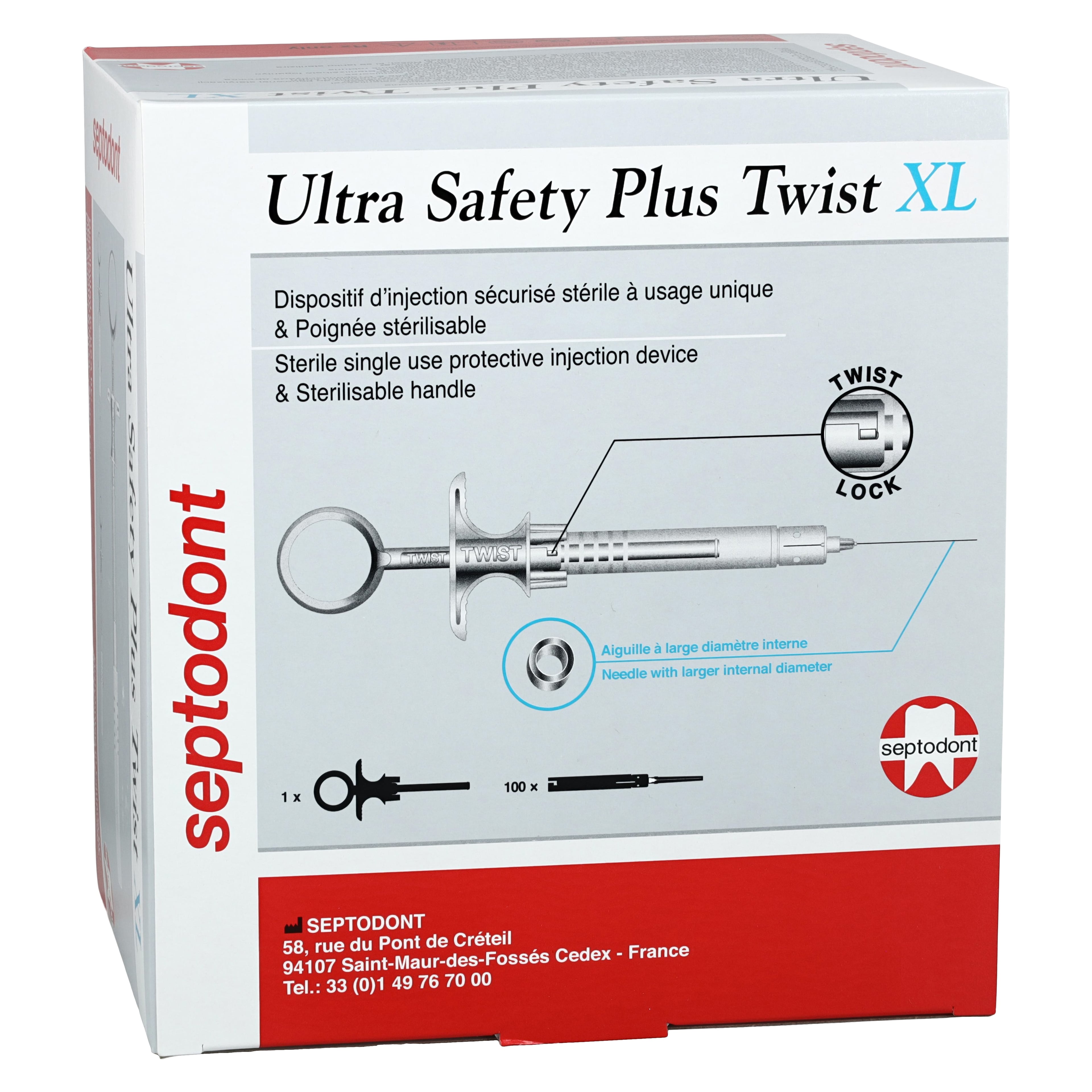 Septodont Ultra Safety Plus Twist XL Sterile Dental Needles, 27 Gauge Long (Yellow), 100/Box with 1 Syringe Handle, 01N4572