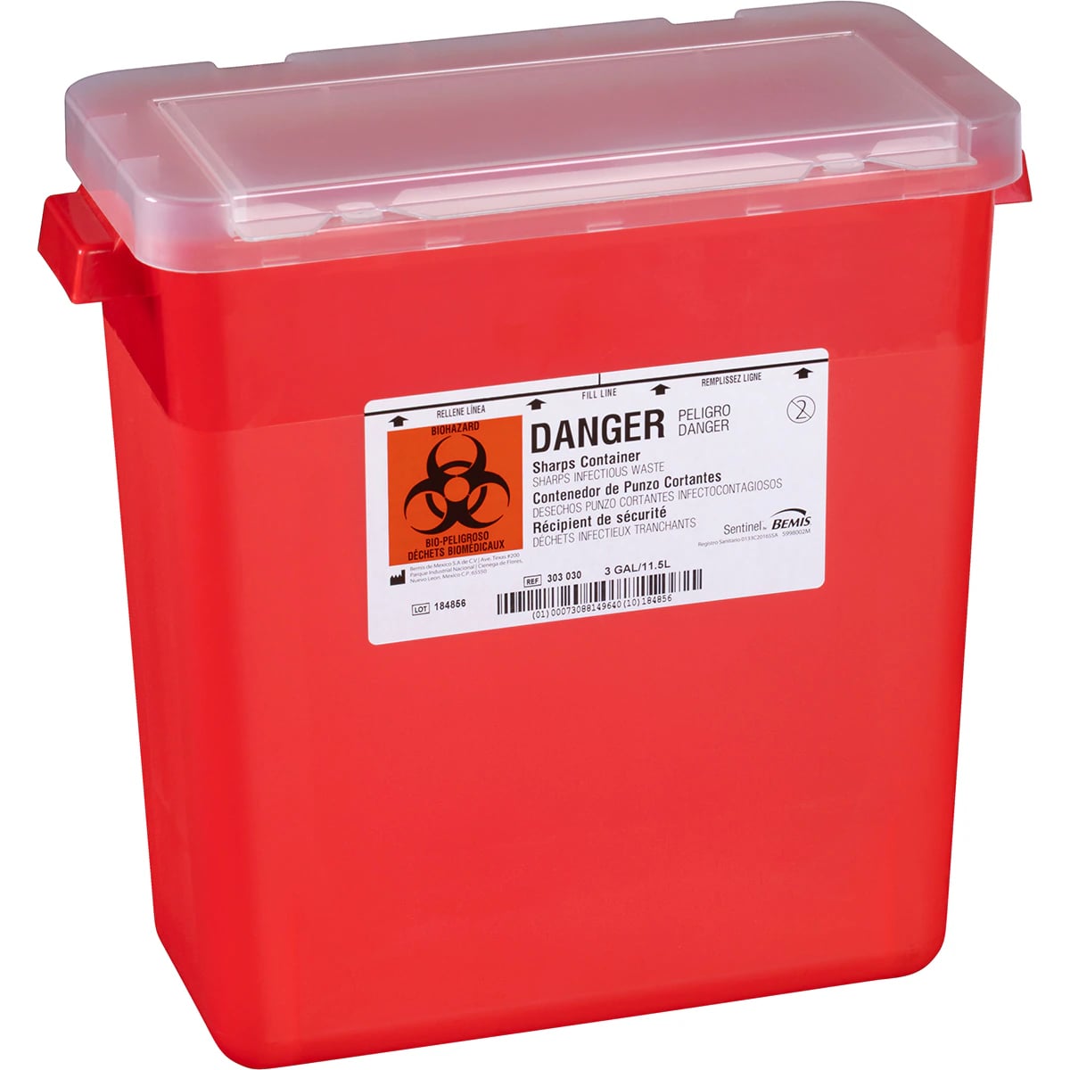 Sentinel Sharps Container, 3 Gallon, Translucent Red, Horizontal Drop Lid, Autoclavable, 12/Case