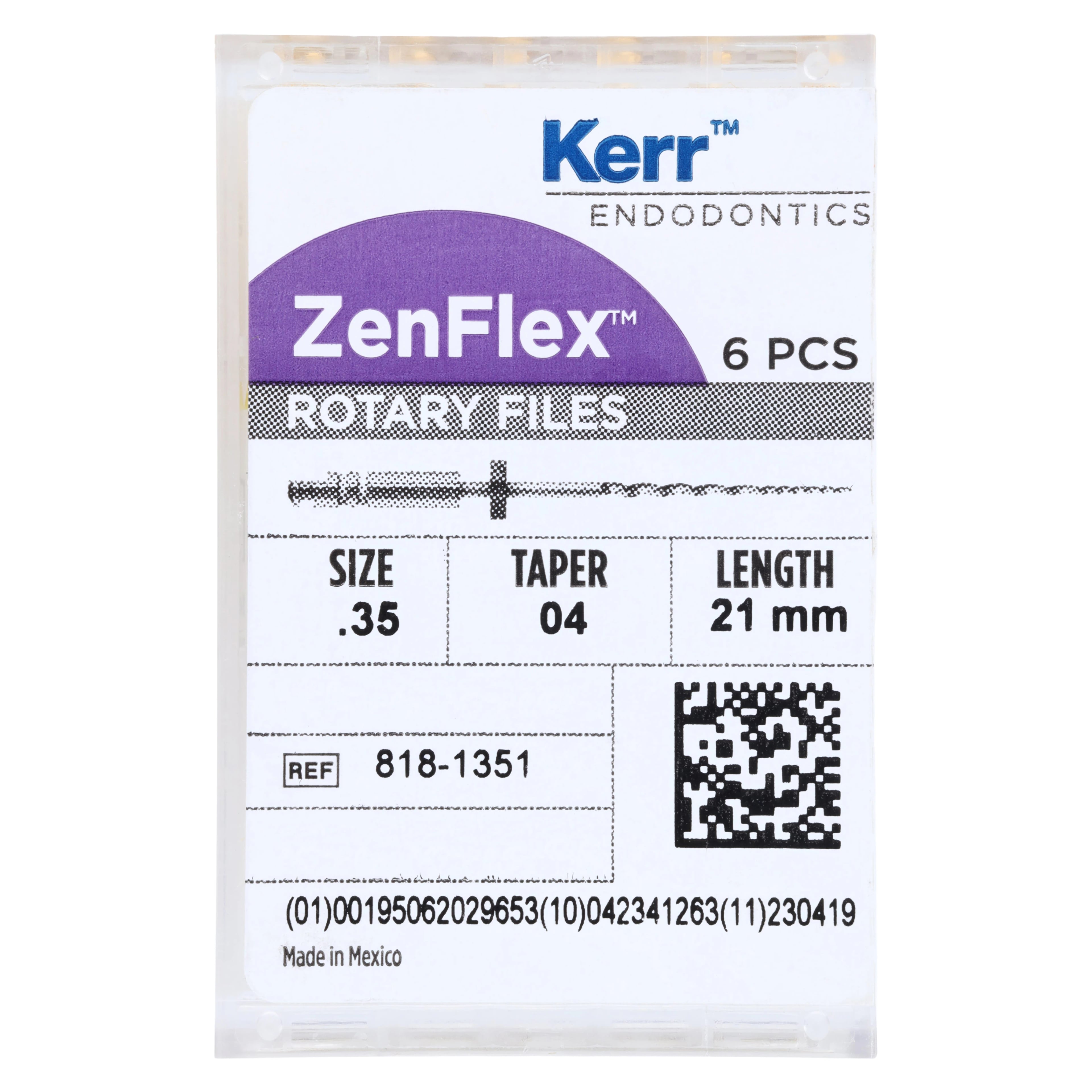 Kerr ZenFlex NiTi Rotary Shaping File, .35/.04/21mm, Non-Cutting Tip, 6/Pk, 818-1351