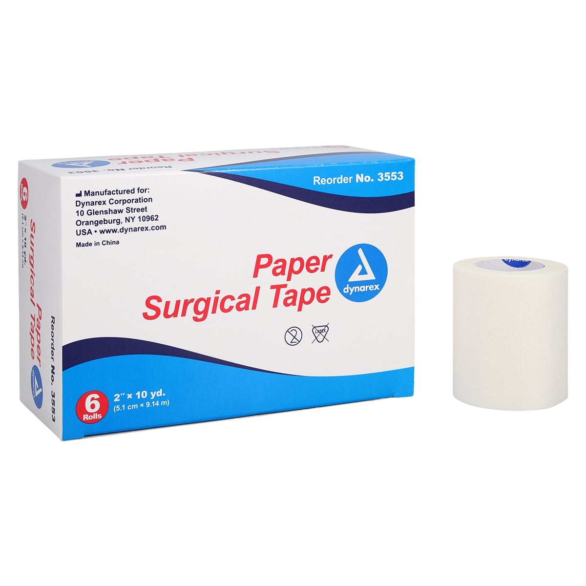 Dynarex Surgical Tape, Paper, White, 2" x 10 yd., Non-Sterile, 6/Pkg, 3553