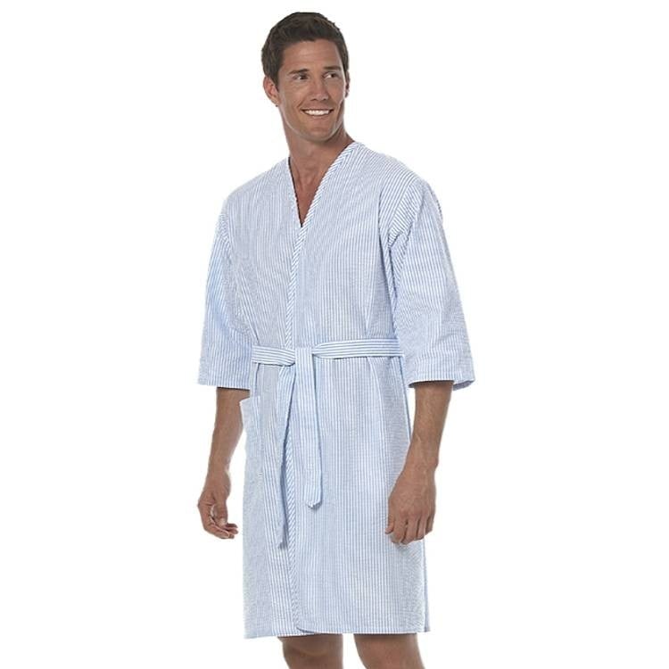 Fashion Seal Patient Robe, Collarless, Blue Stripe, X-Large, Polyester/Cotton Woven Seersucker, 1 Pocket, Each