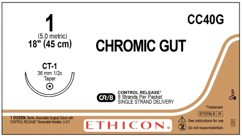 Ethicon Chromic Surgical Gut Suture, Size 0, 8-18" CT-1 Taper Point 1/2 Circle Needle, 12/Box, CC40G