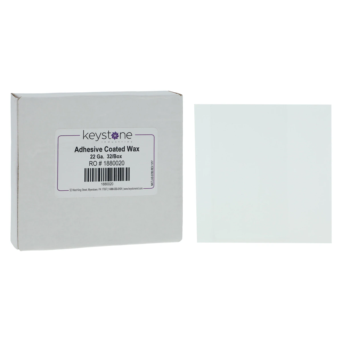 Keystone Adhesive Coated Pressure Sensitive Casting Wax, #22 Gauge, 4" x 4" Sheets, Box of 32