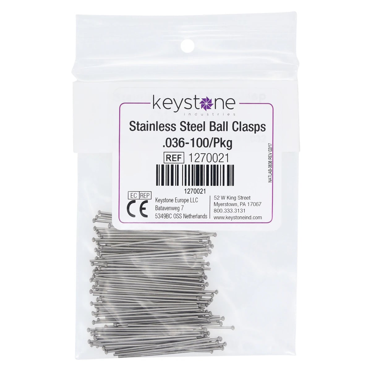 Ball Clasp SS, .036, Stainless Steel, 100/Box
