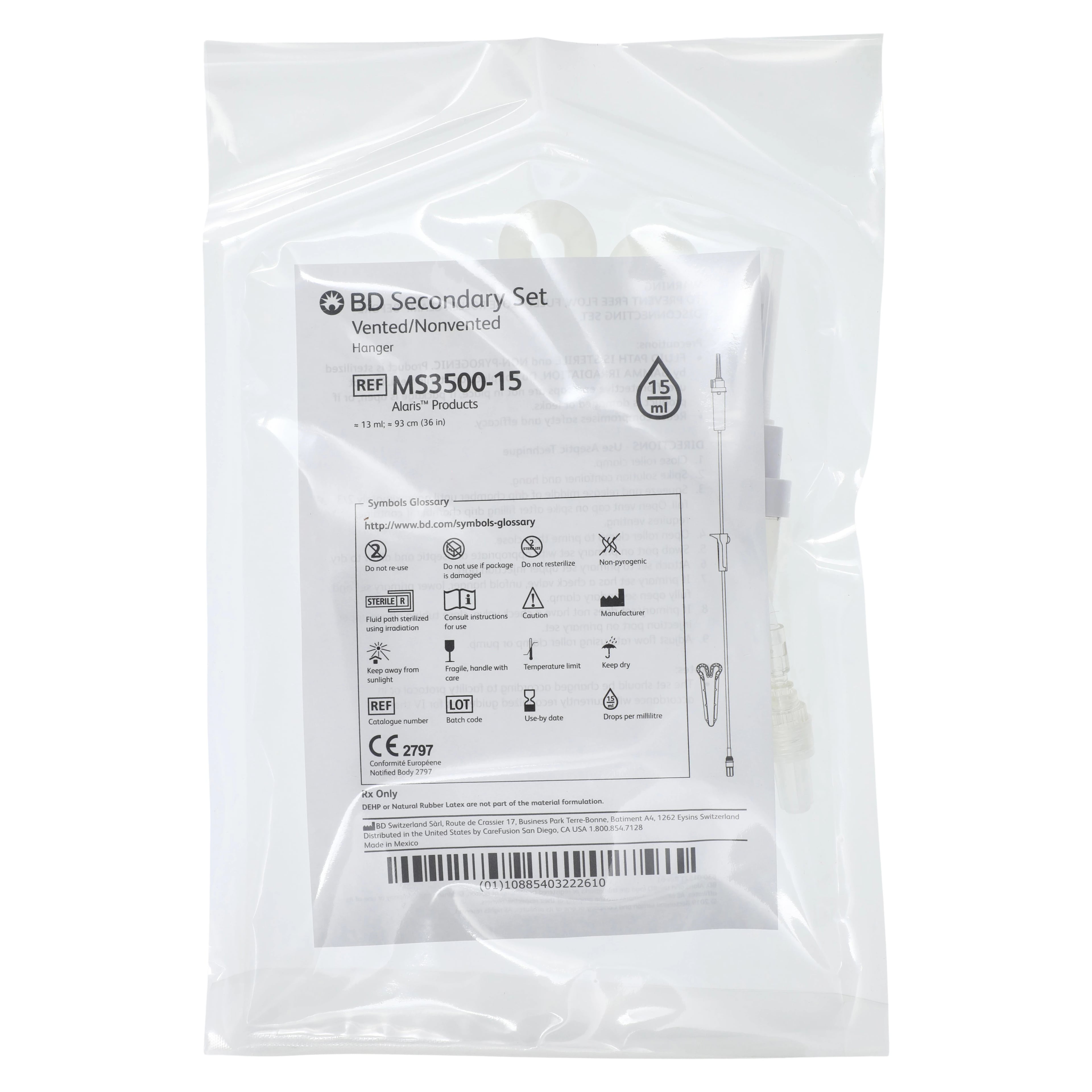 IV Administration Set, 15 Drops/mL, 36" Male SPIN-LOCK Secondary, Roller Clamp, Non-DEHP, Latex-Free, 50/Case