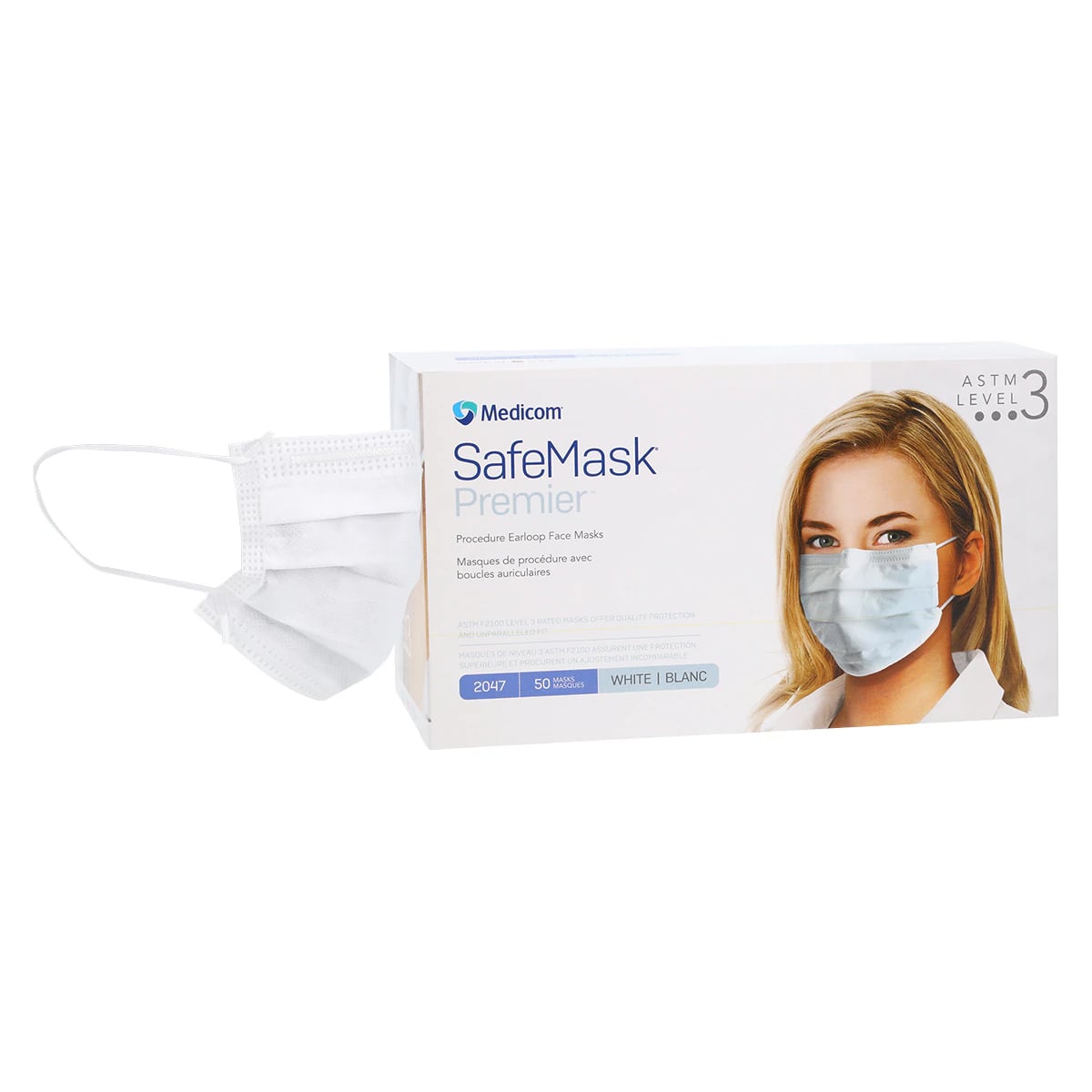 SafeMask Premier Elite Procedure Face Mask, ASTM Level 3, Earloop, White, 50/Box, 2047