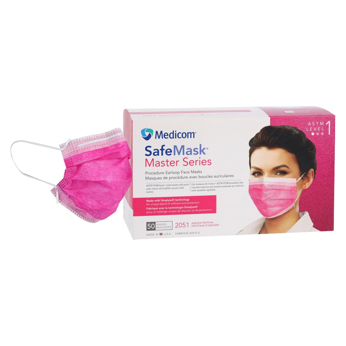 Medicom Safe+Mask Master Series Procedure Earloop Mask, ASTM Level 1, Azalea Festival (Bright Fuchsia), 50/Box, 2051