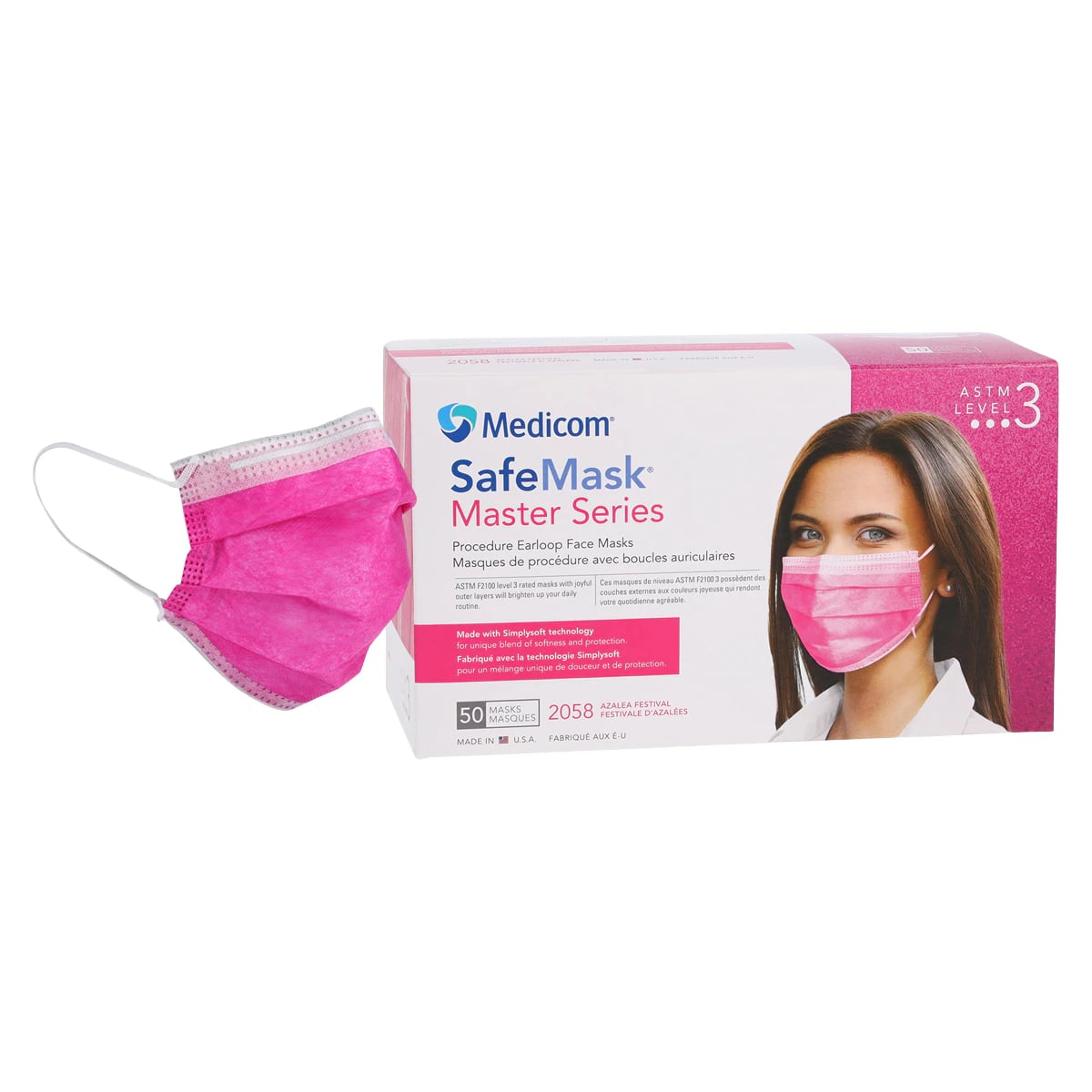 SafeMask Master Series Procedure Earloop Face Mask, ASTM Level 3, Azalea Festival (Bright Fuchsia), 50/Box, 2058
