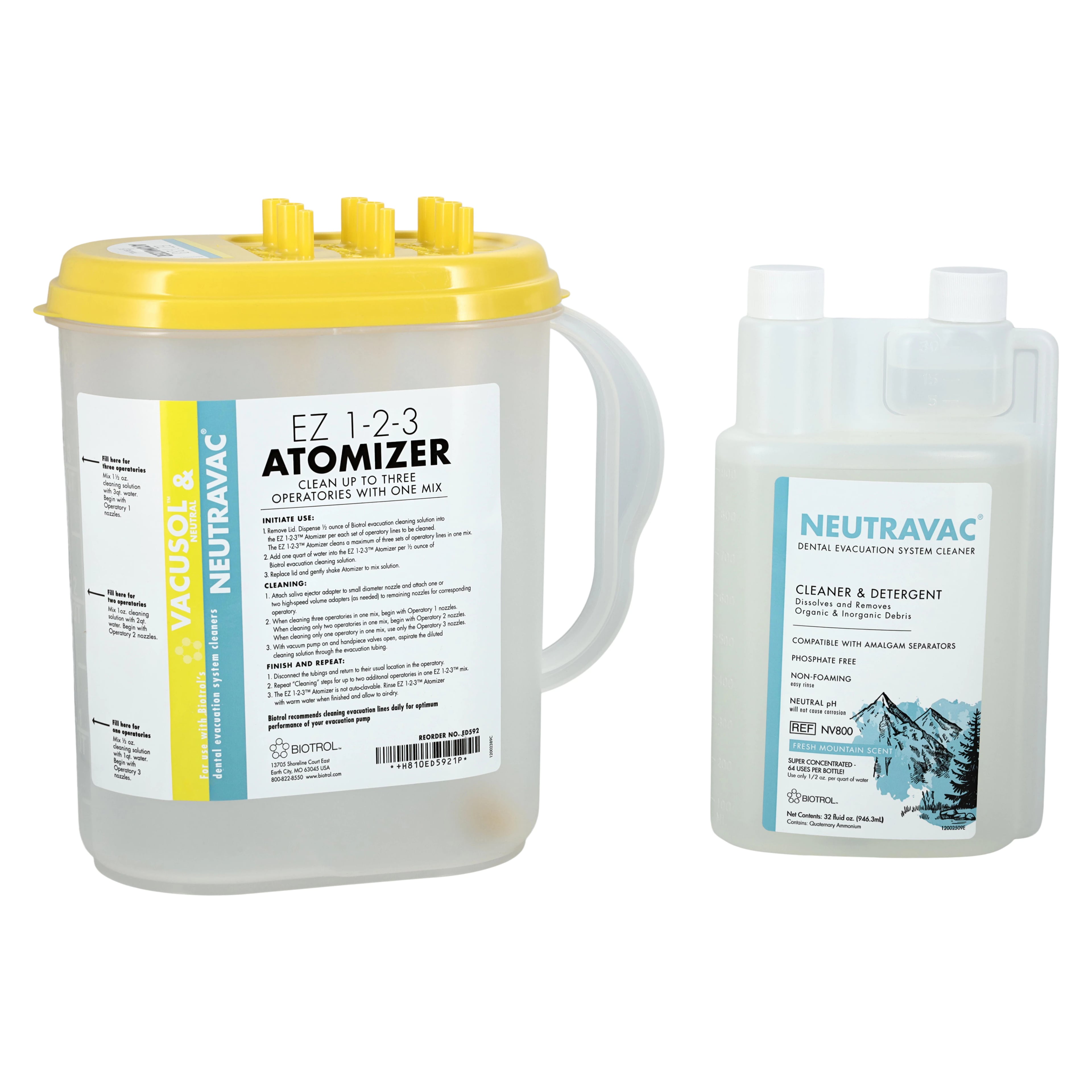 Biotrol NeutraVAC Dental Evacuation Line Cleaner Starter Kit, 32 oz Bottle with EZ 1-2-3 Atomizer, NV806