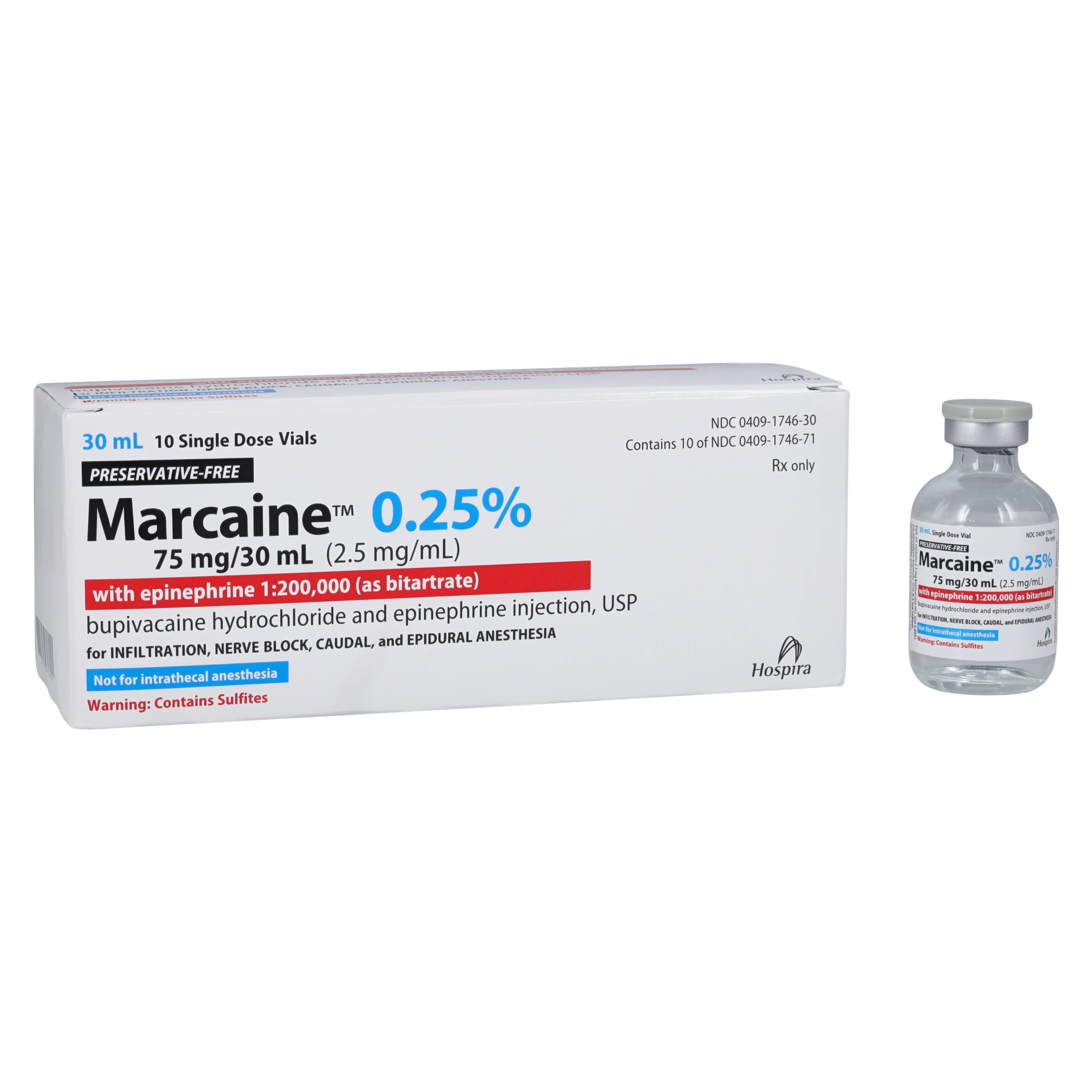 Marcaine (Bupivacaine HCl) with Epinephrine Injection, 0.25% with 1:200,000 Epinephrine, Preservative-Free, Single-Dose Vial, 30 mL